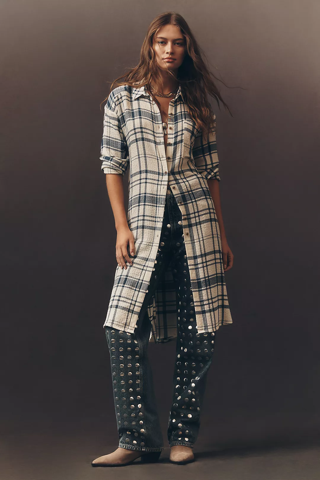 Pilcro Long-Line Button-Front Plaid Shirt