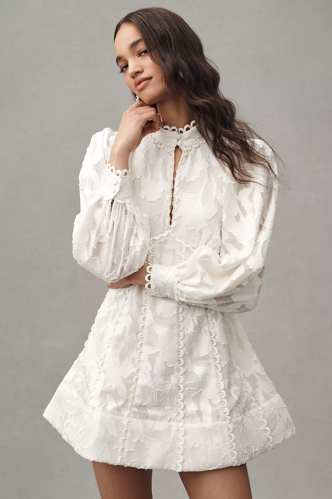 BHLDN Long-Sleeve High-Neck Floral A-Line Mini Dress