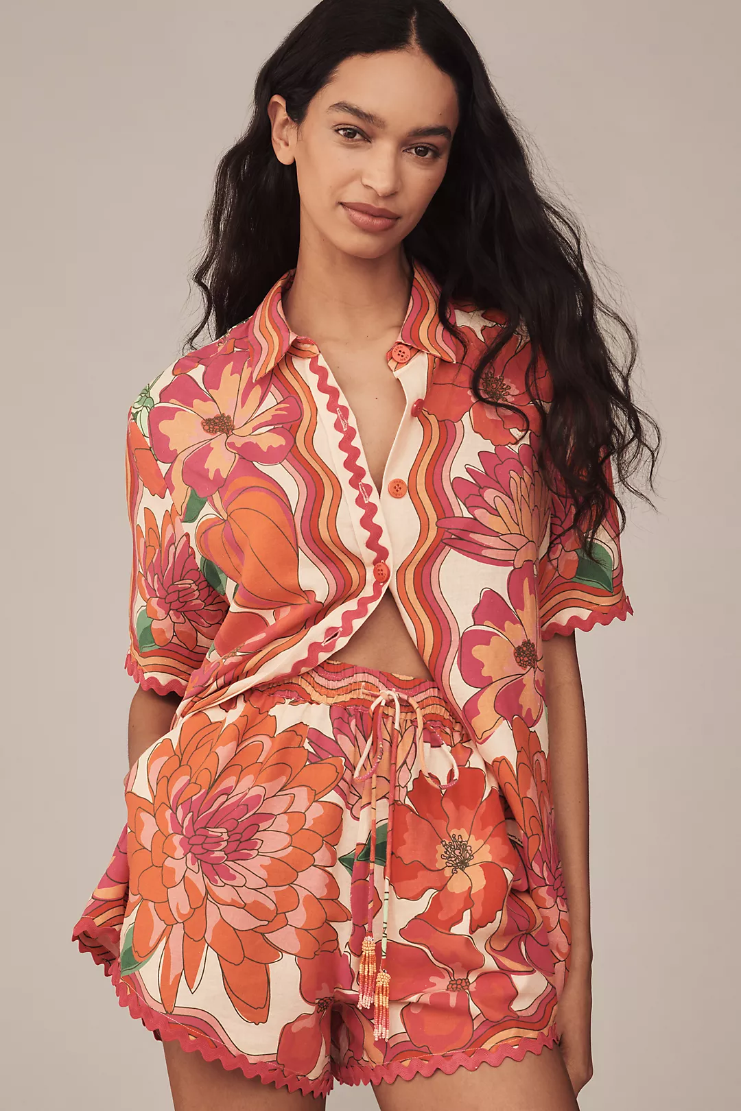 Farm Rio Spring Affair Linen-Blend Pull-On Shorts