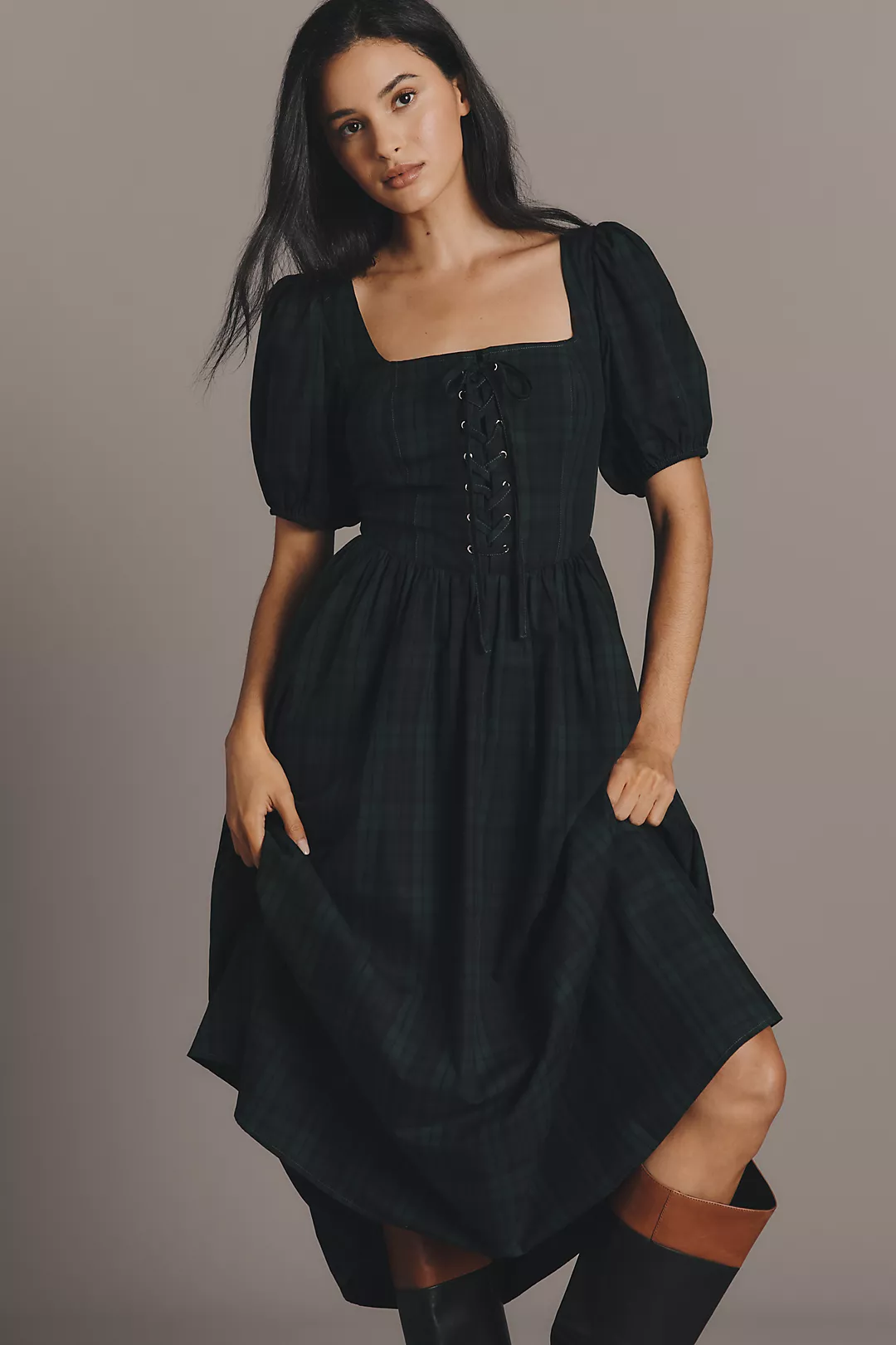 Moon River Short-Sleeve Square-Neck Lace-Up Midi Dress