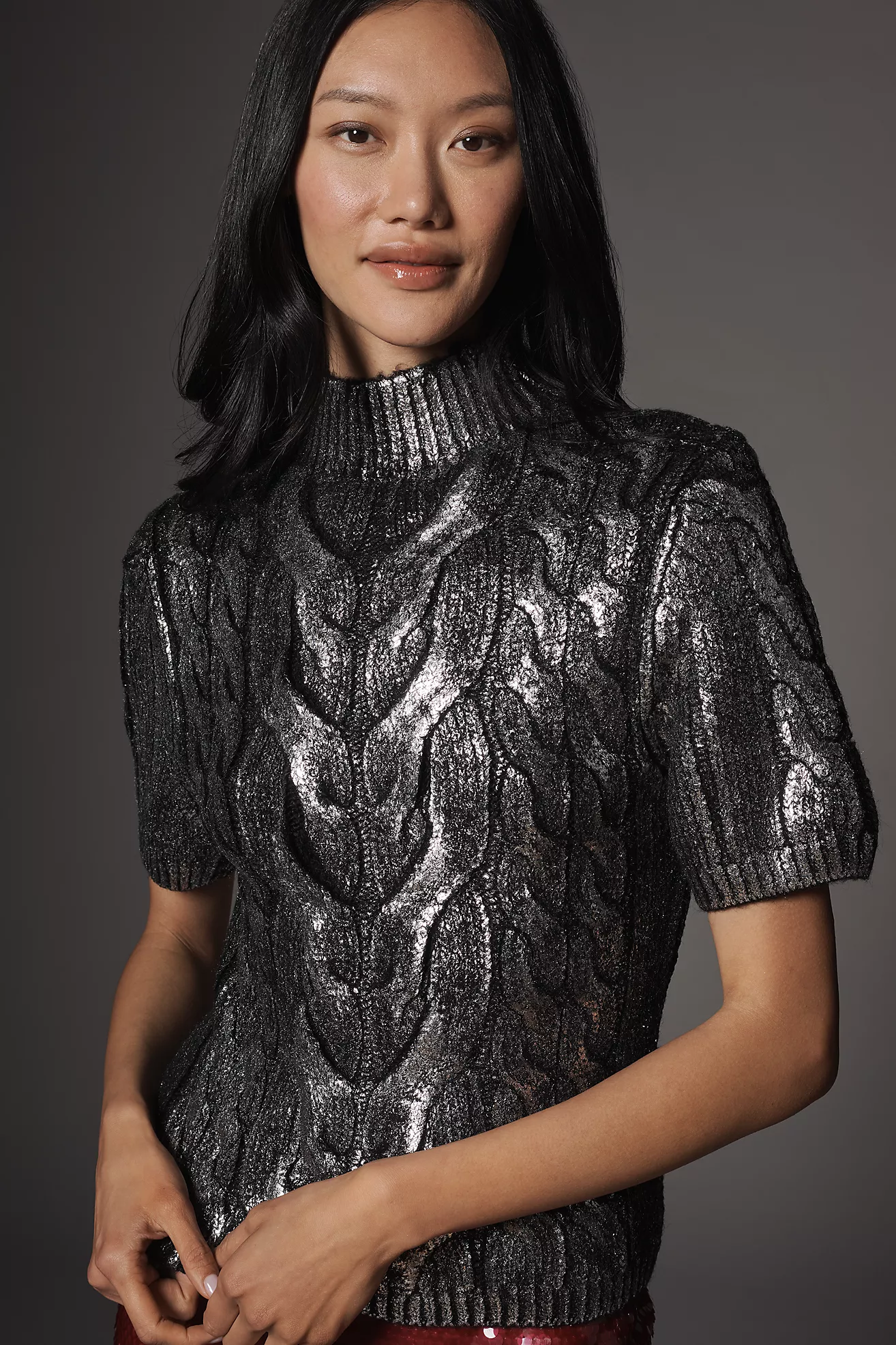 Pilcro Metallic Cable-Knit Short-Sleeve Sweater