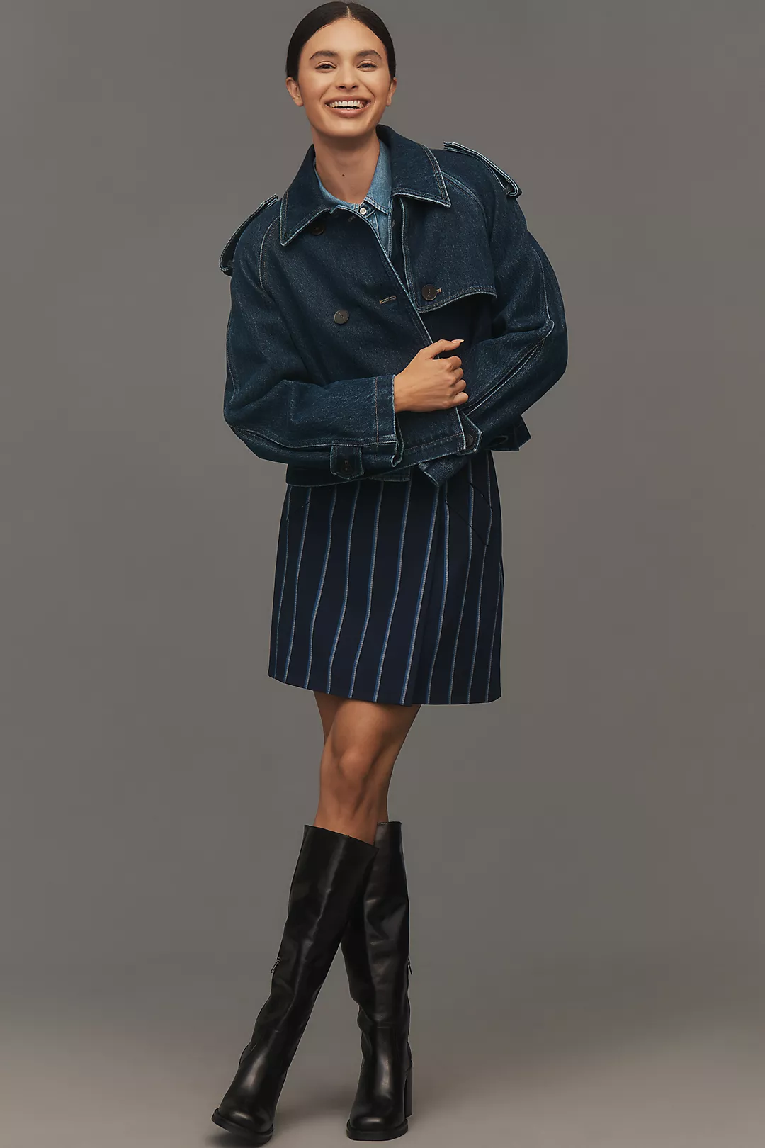 Closed Cropped Denim Trench Coat