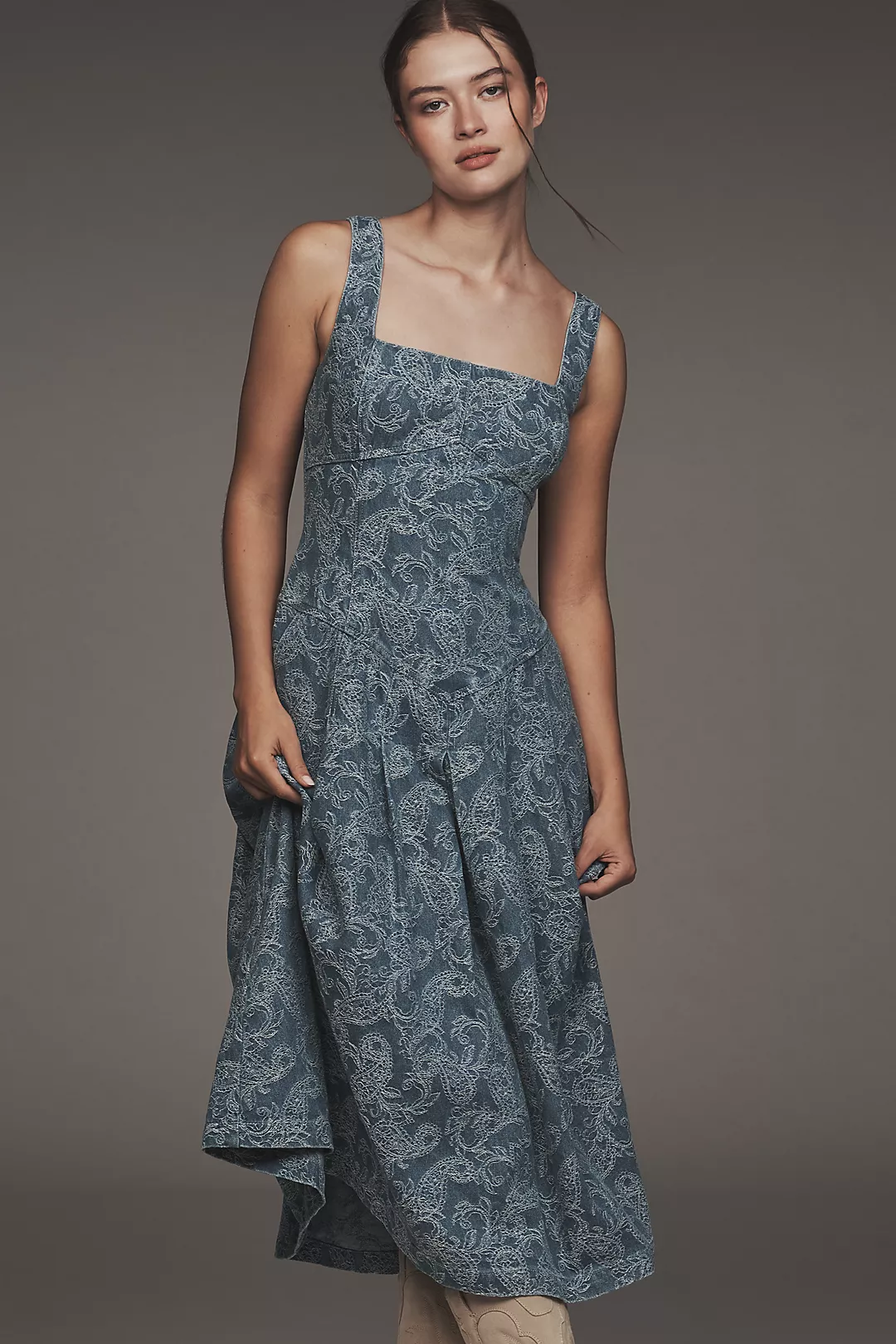 Avec Les Filles Square-Neck Embroidered Denim Midi Dress