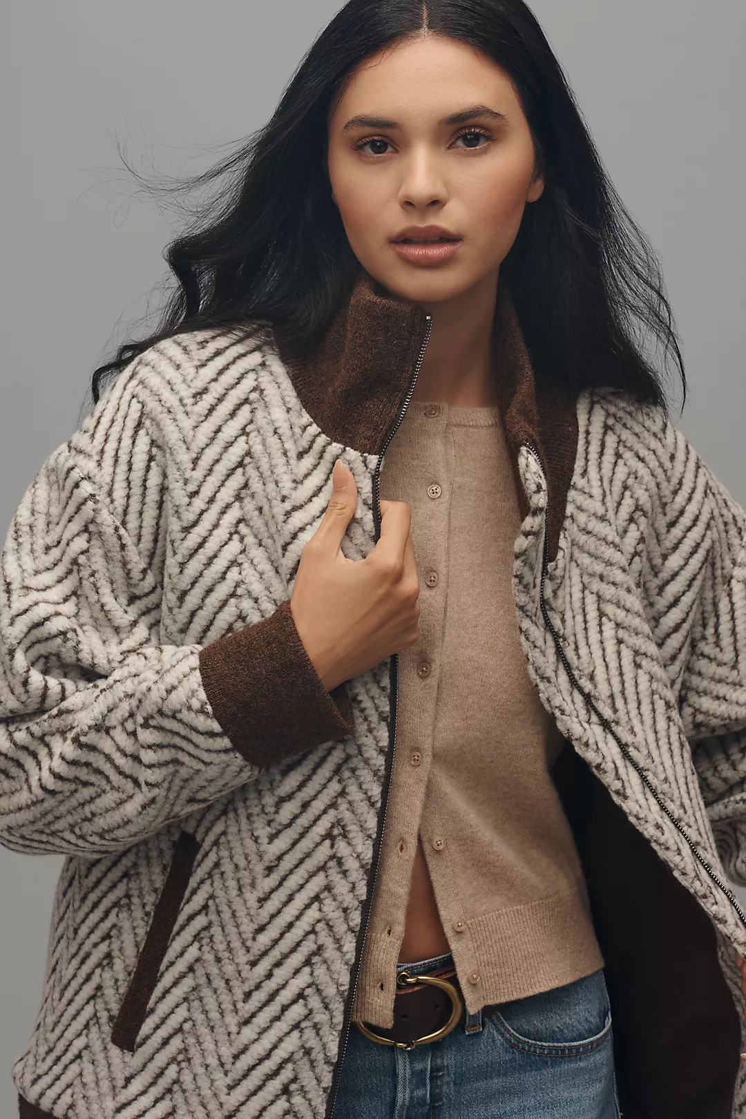 Bernardo Chevron Knit Bomber Jacket