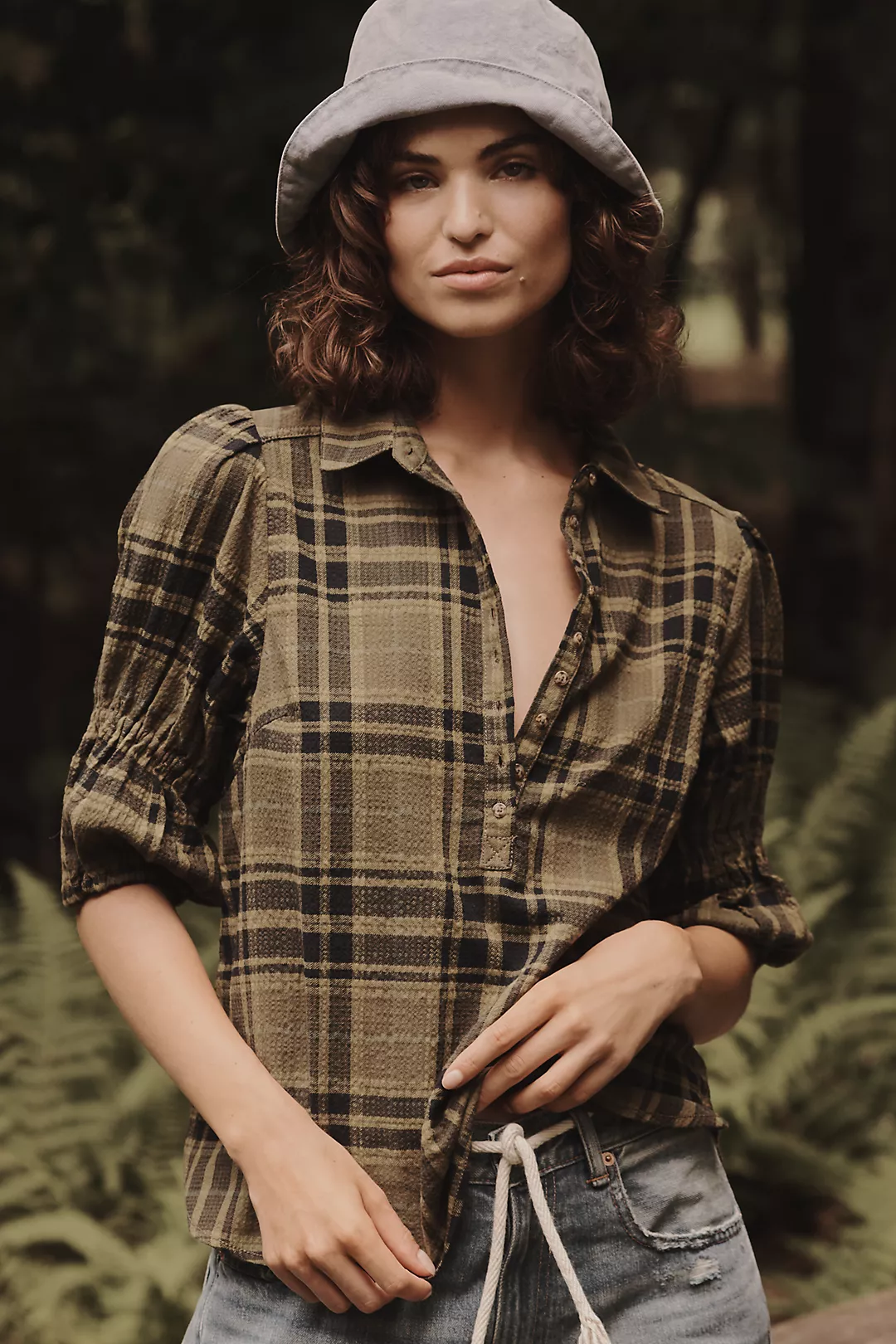 The Tallulah Puff-Sleeve Plaid Buttondown Top by Pilcro