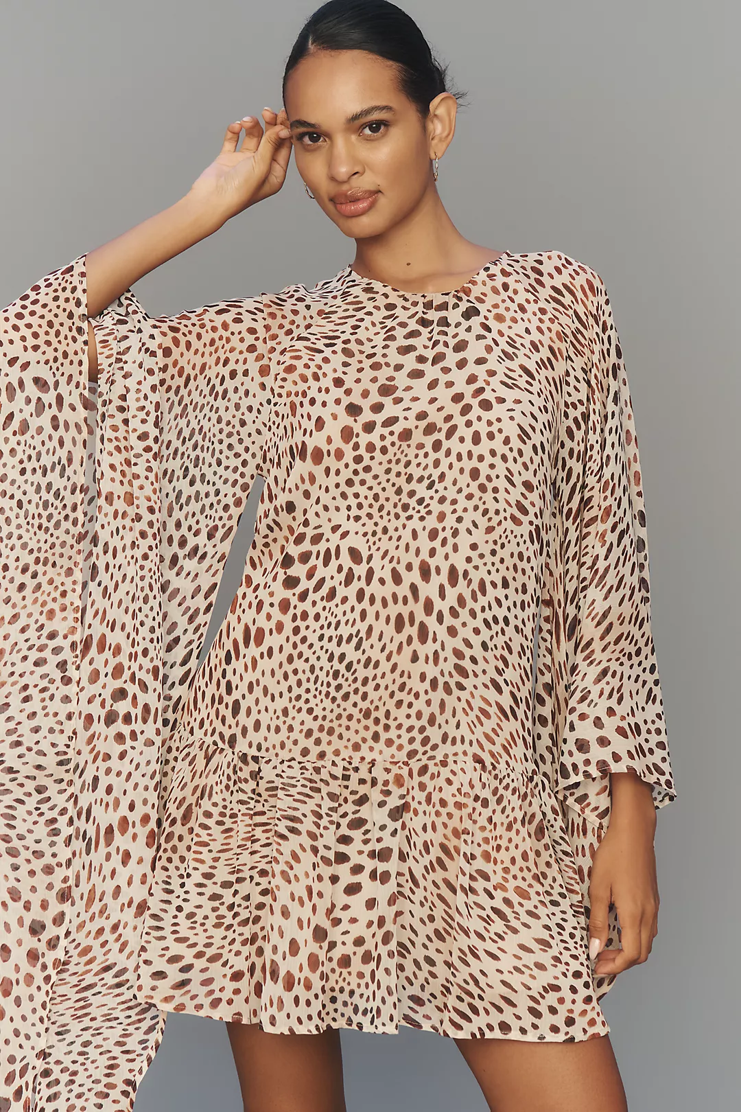 Avec Les Filles Long-Sleeve Ruffle Swing Mini Dress