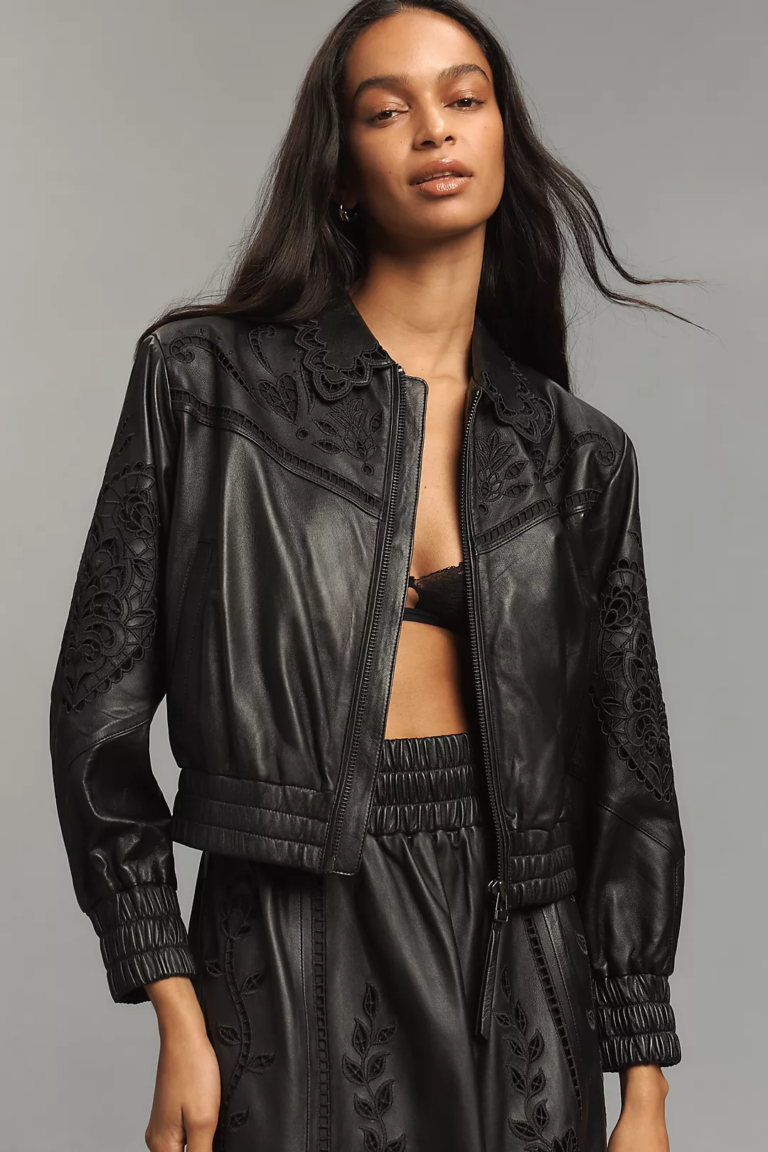 Farm Rio Richelieu Leather Bomber Jacket