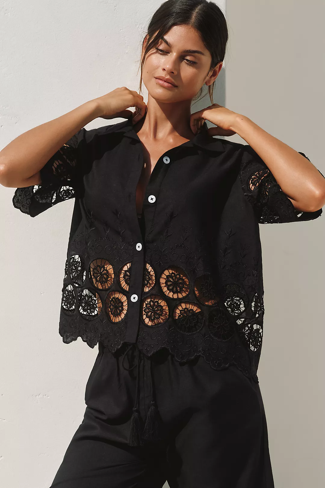 Mahila Short-Sleeve Embroidered Cutwork Button-Front Top