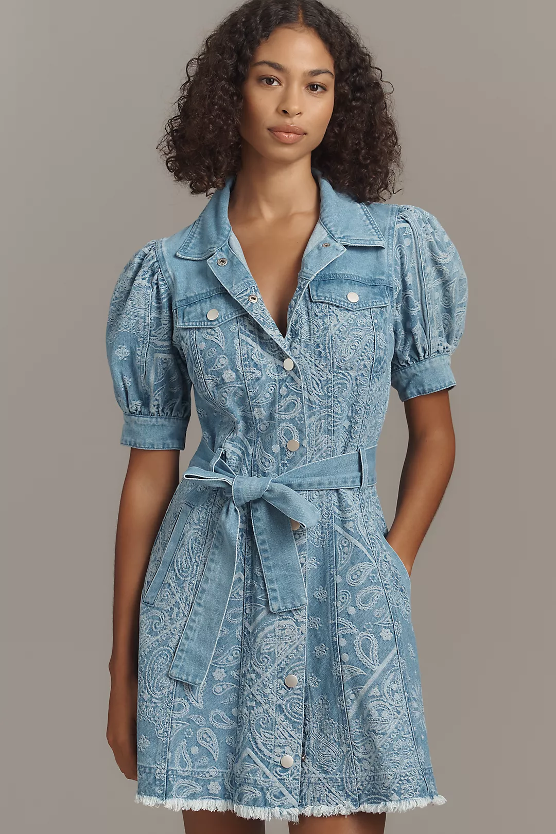 En Saison Tarak Puff-Sleeve Denim Mini Shirt Dress