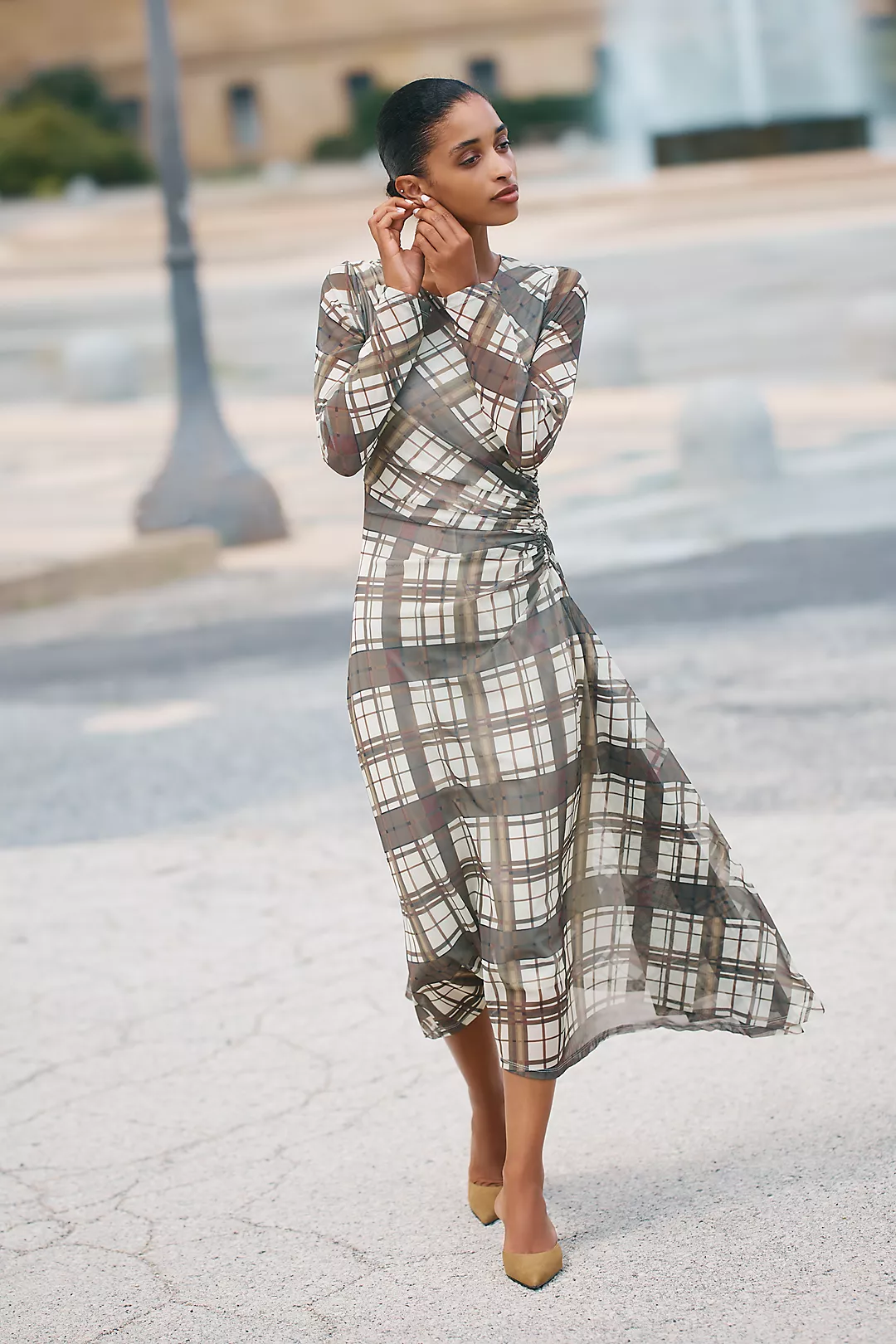 By Anthropologie Long-Sleeve Ruched Mesh Midi Dress