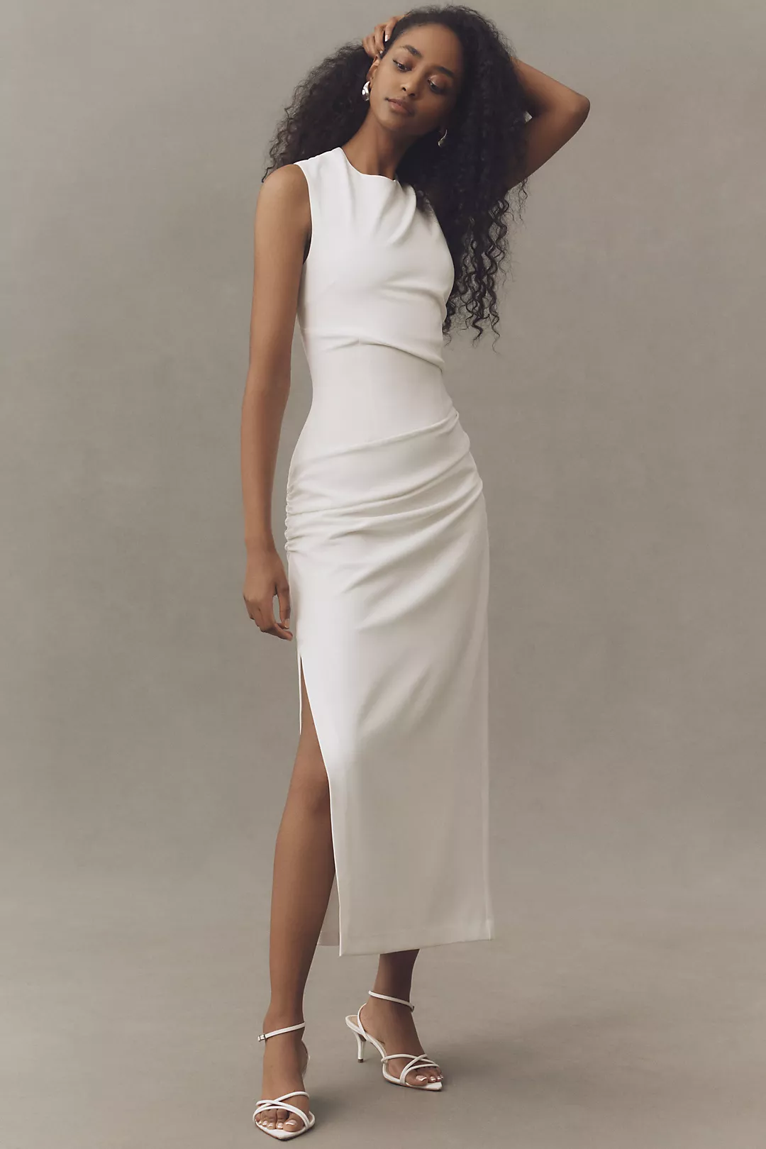 BHLDN Sleeveless High-Neck Structured Stretch Crepe Ruched Midi Dress