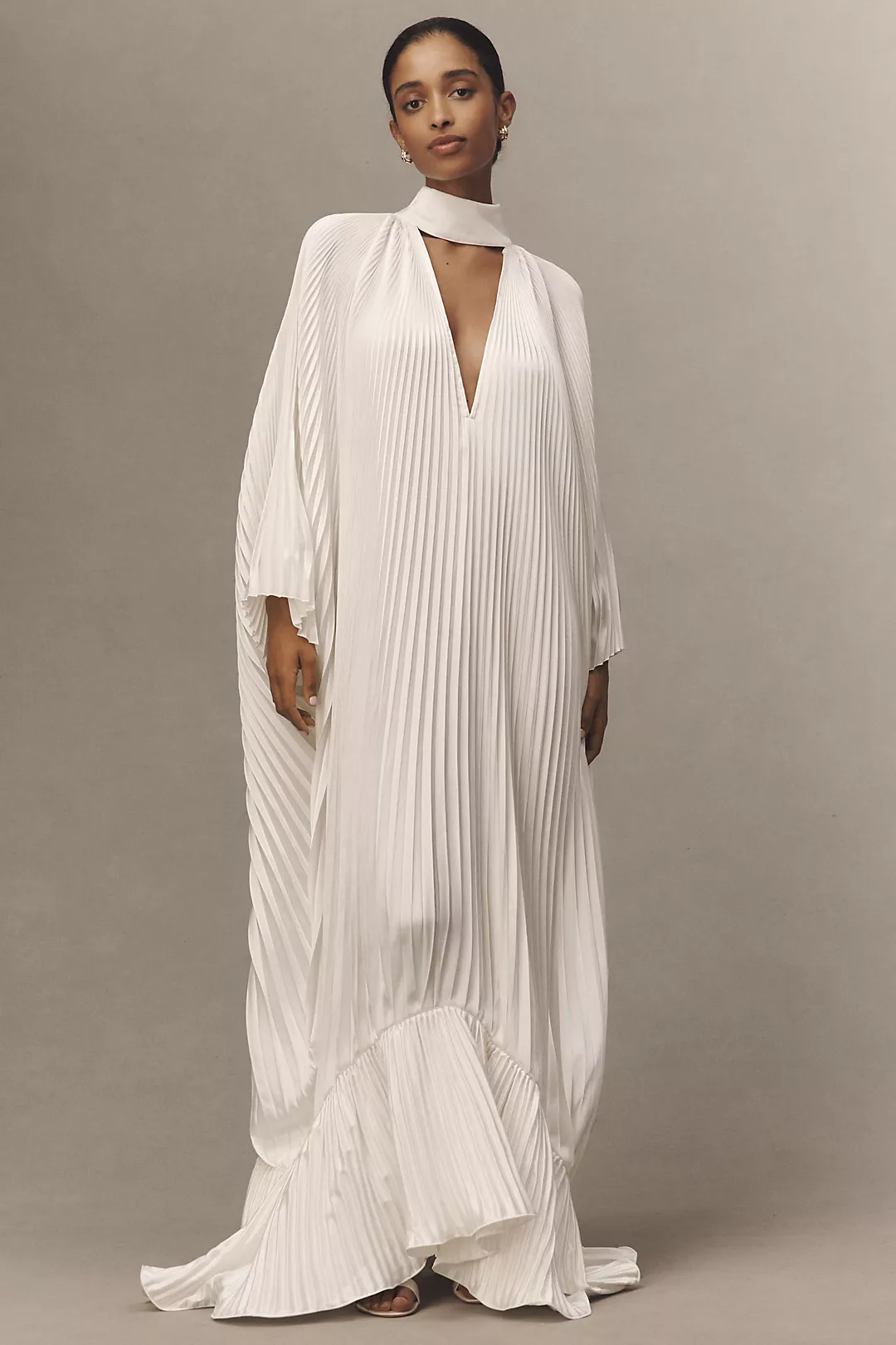 L'IDÉE Empire Long-Sleeve V-Neck Pleated Maxi Dress