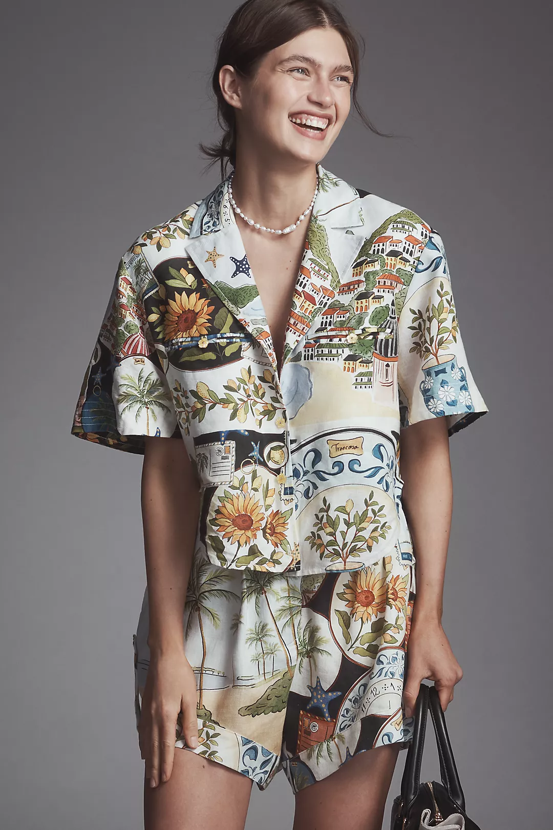 Farm Rio Short-Sleeve Linen Printed Buttondown Shirt