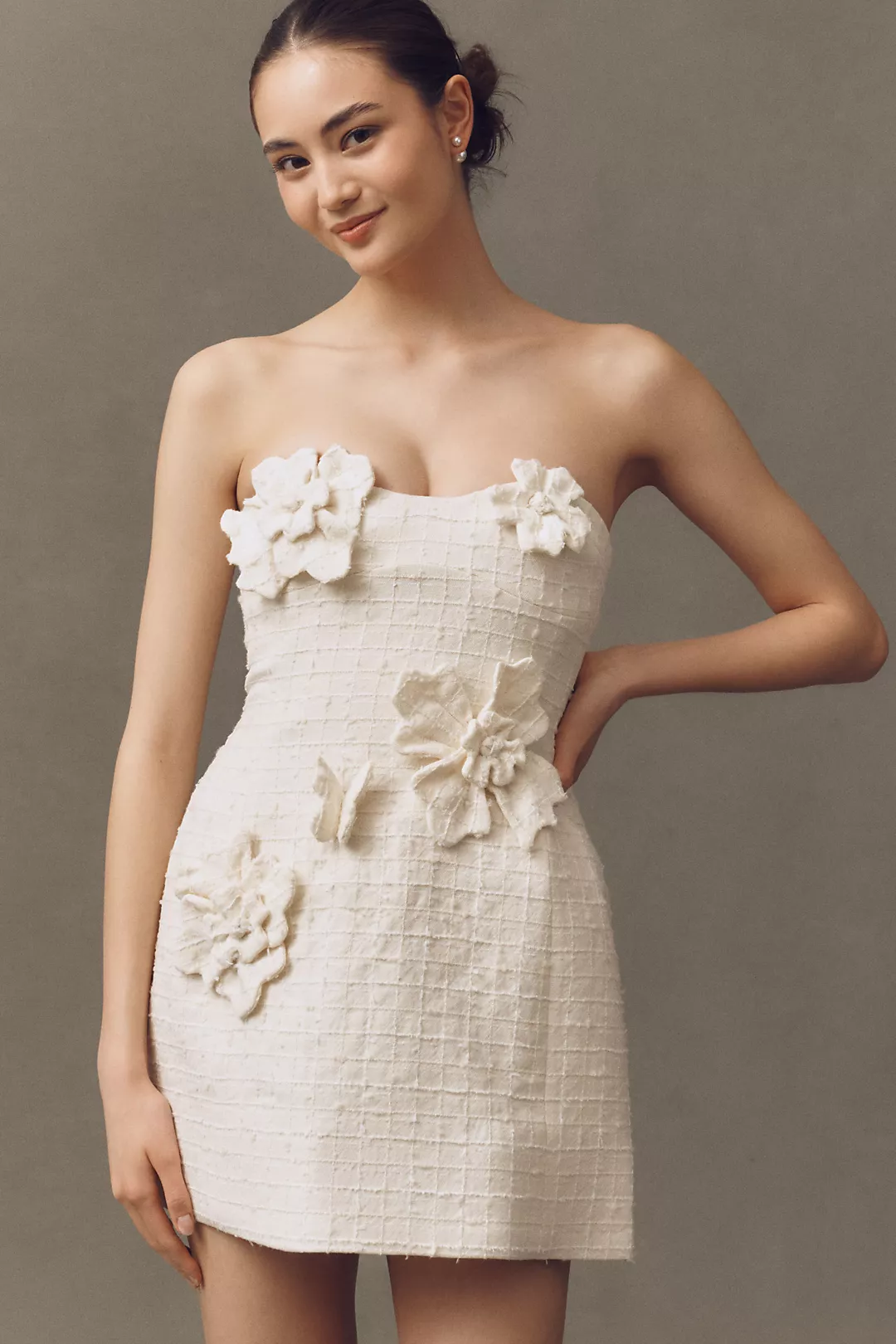 LEO LIN Rosario Strapless Floral Appliqué Tweed Mini Dress