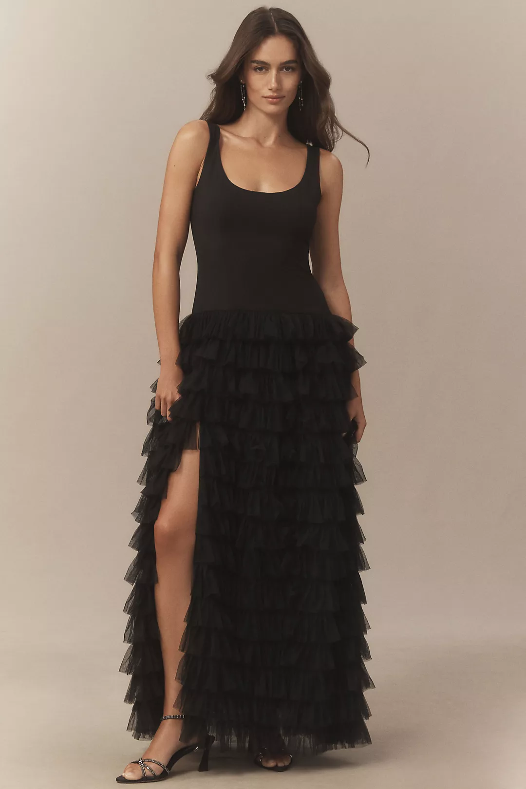 Hutch Sleeveless Tiered Ruffle Side-Slit Maxi Dress