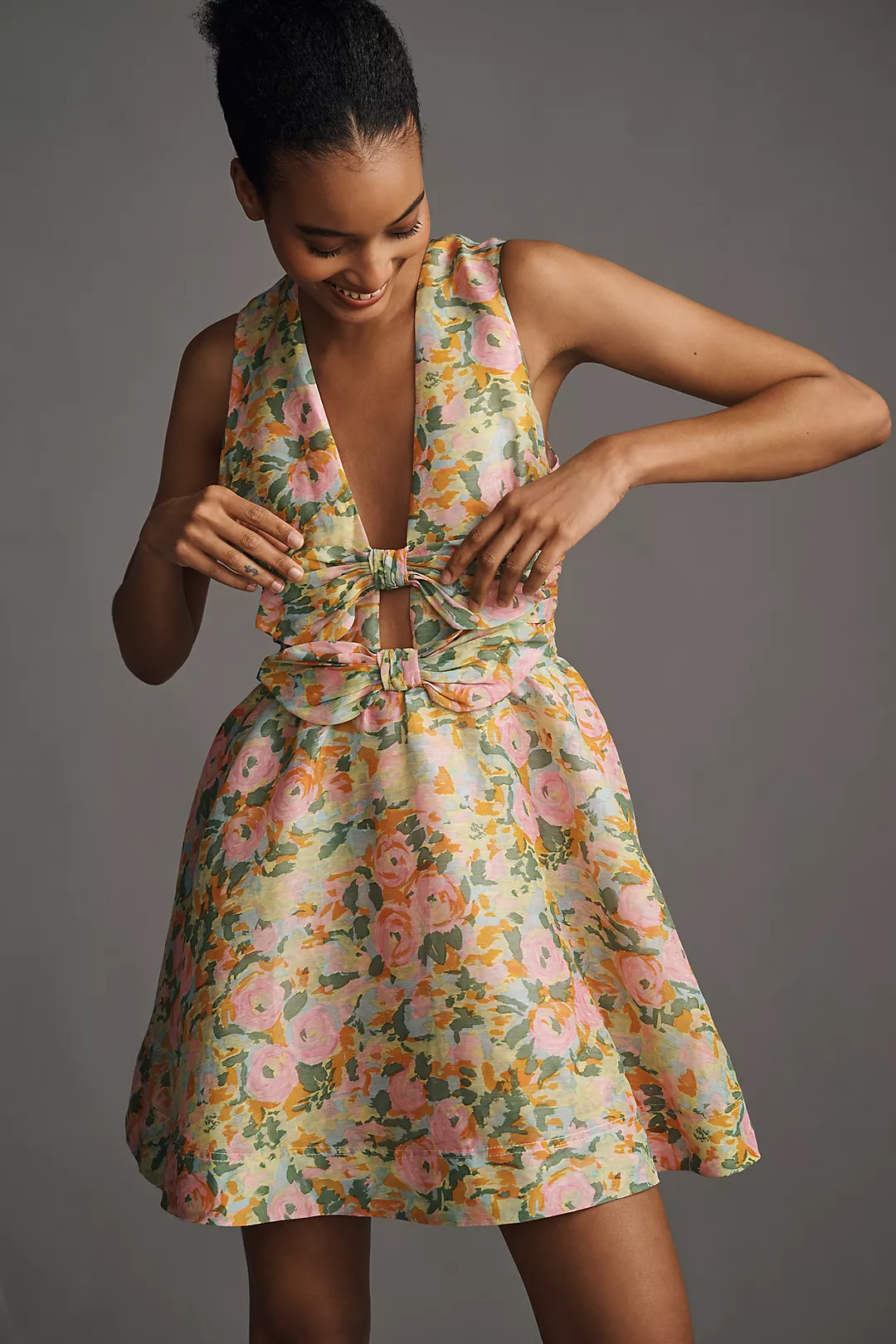 Lovaan Delilah Sleeveless Bow Linen-Silk Mini Dress