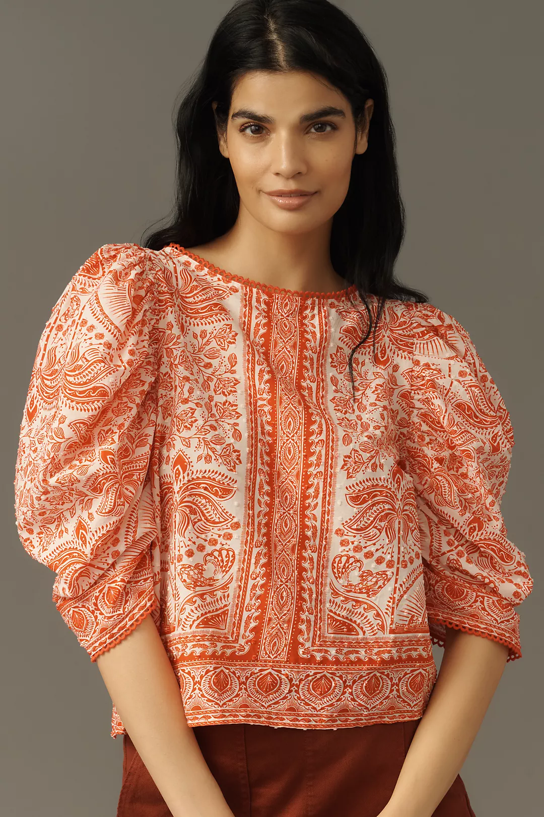 Farm Rio River Ride Cotton Puff-Sleeve Blouse