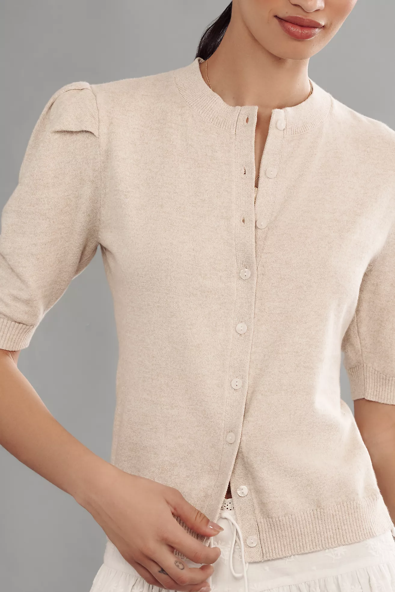 By Anthropologie Cotton Cashmere Puff-Sleeve Crew-Neck Cardigan Sweater