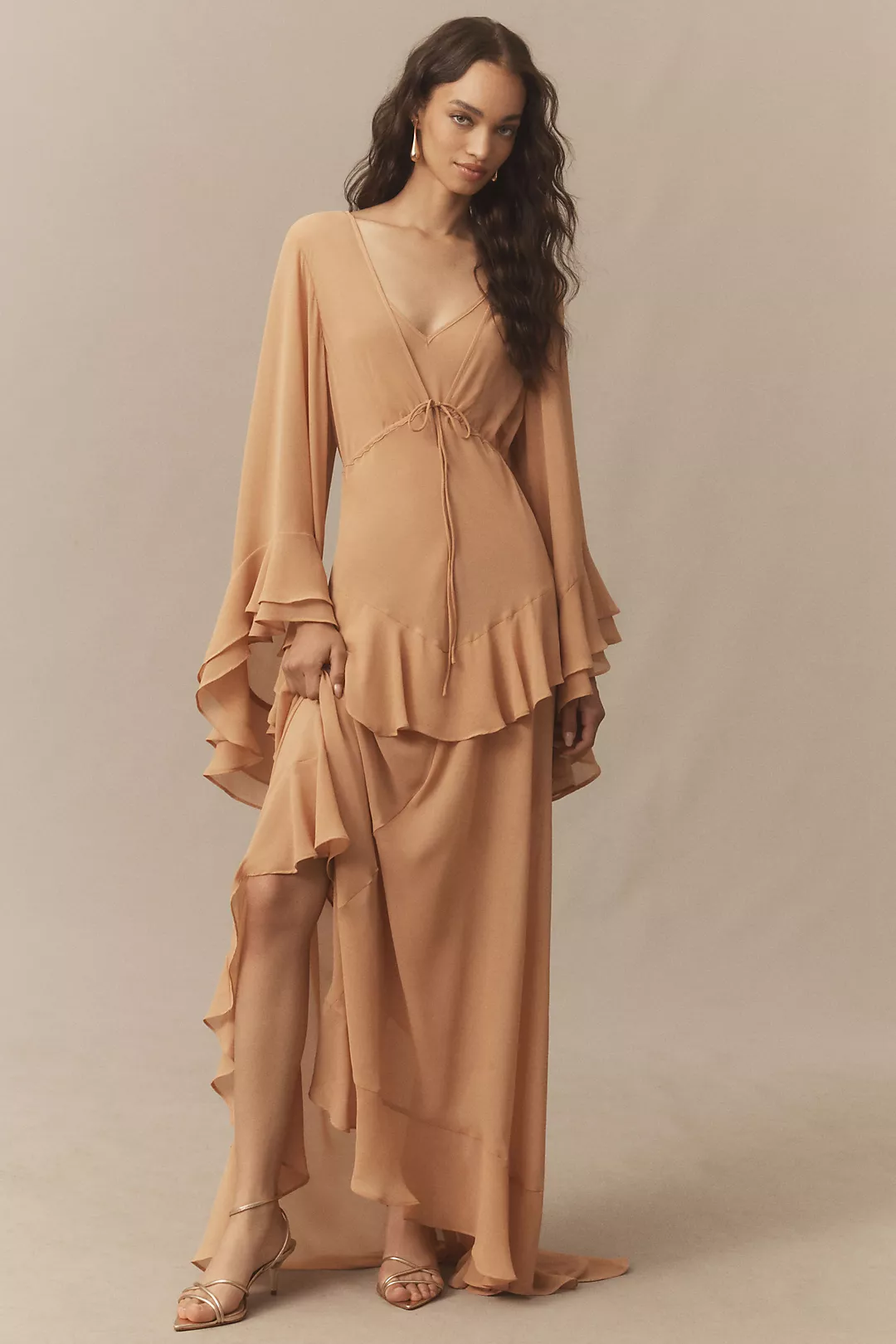 De La Vali Calypso Long-Sleeve Ruffled Georgette Maxi Dress