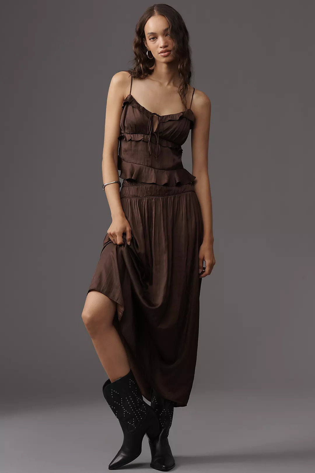 Rails Nara Crinkled Satin Midi Skirt