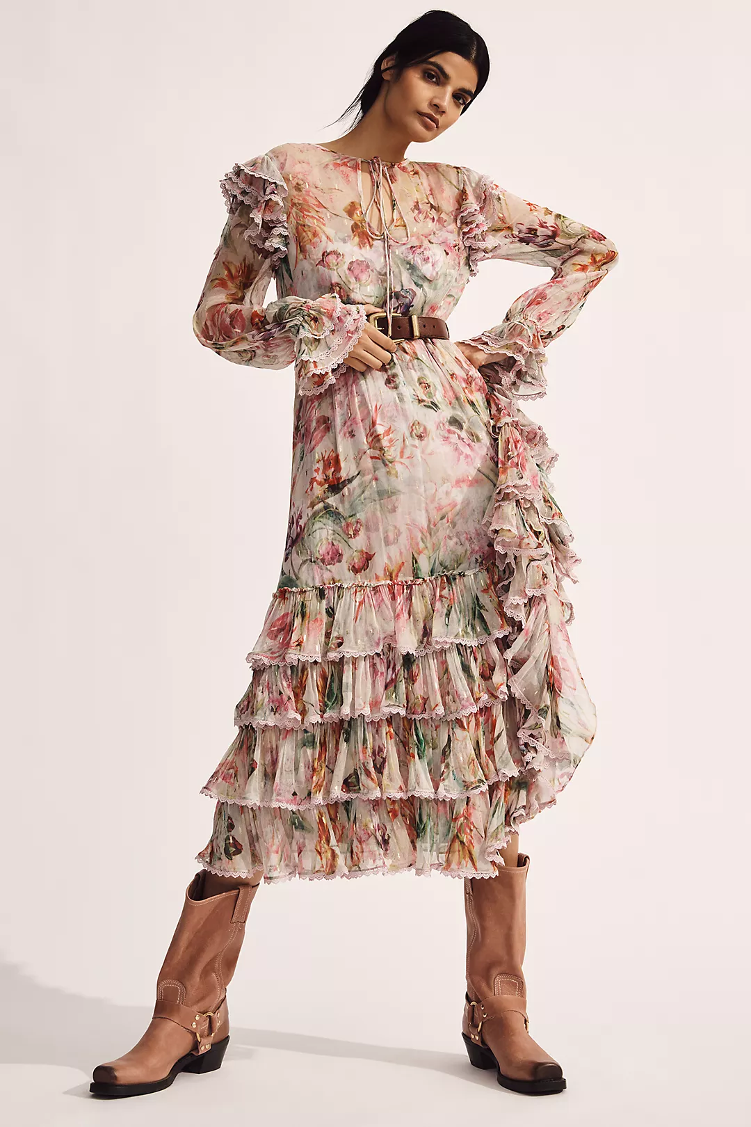 Mac Duggal Floral Chiffon Tie-Neck Tiered Midi Dress