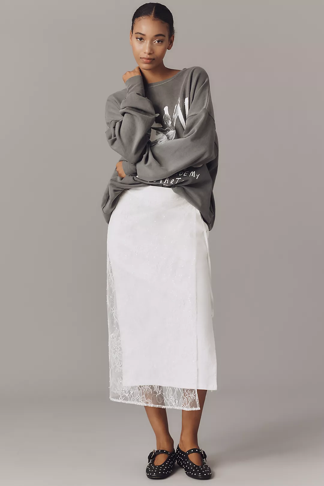 &.Layered Lace Slip Midi Skirt