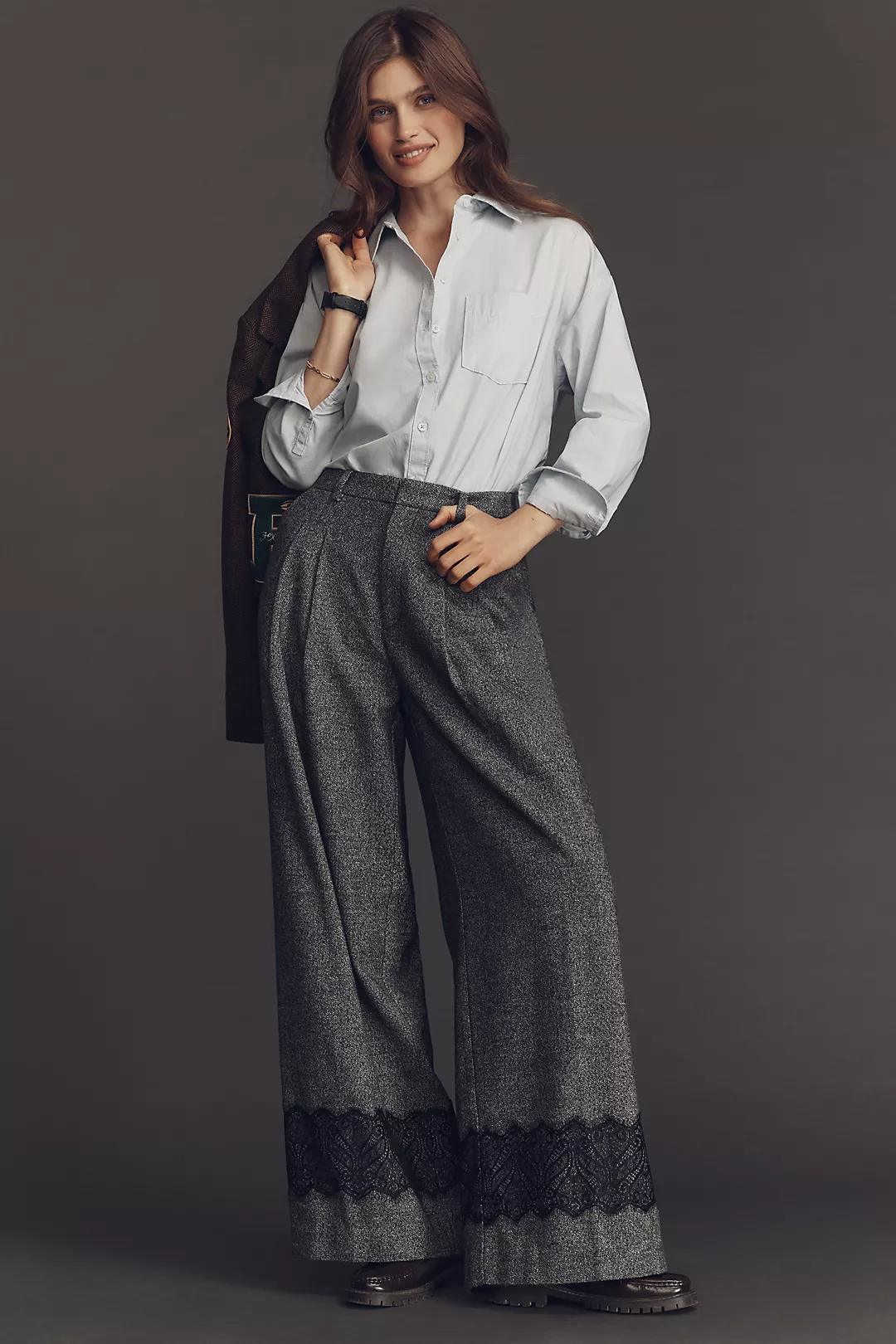 The Avery Pleated Wide-Leg Tweed Lace Trousers by Maeve