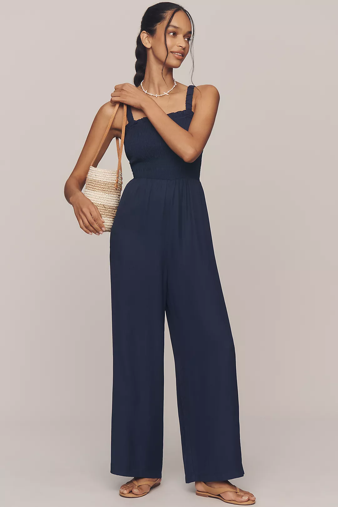 English Factory Sleeveless Smocked Wide-Leg Jumpsuit