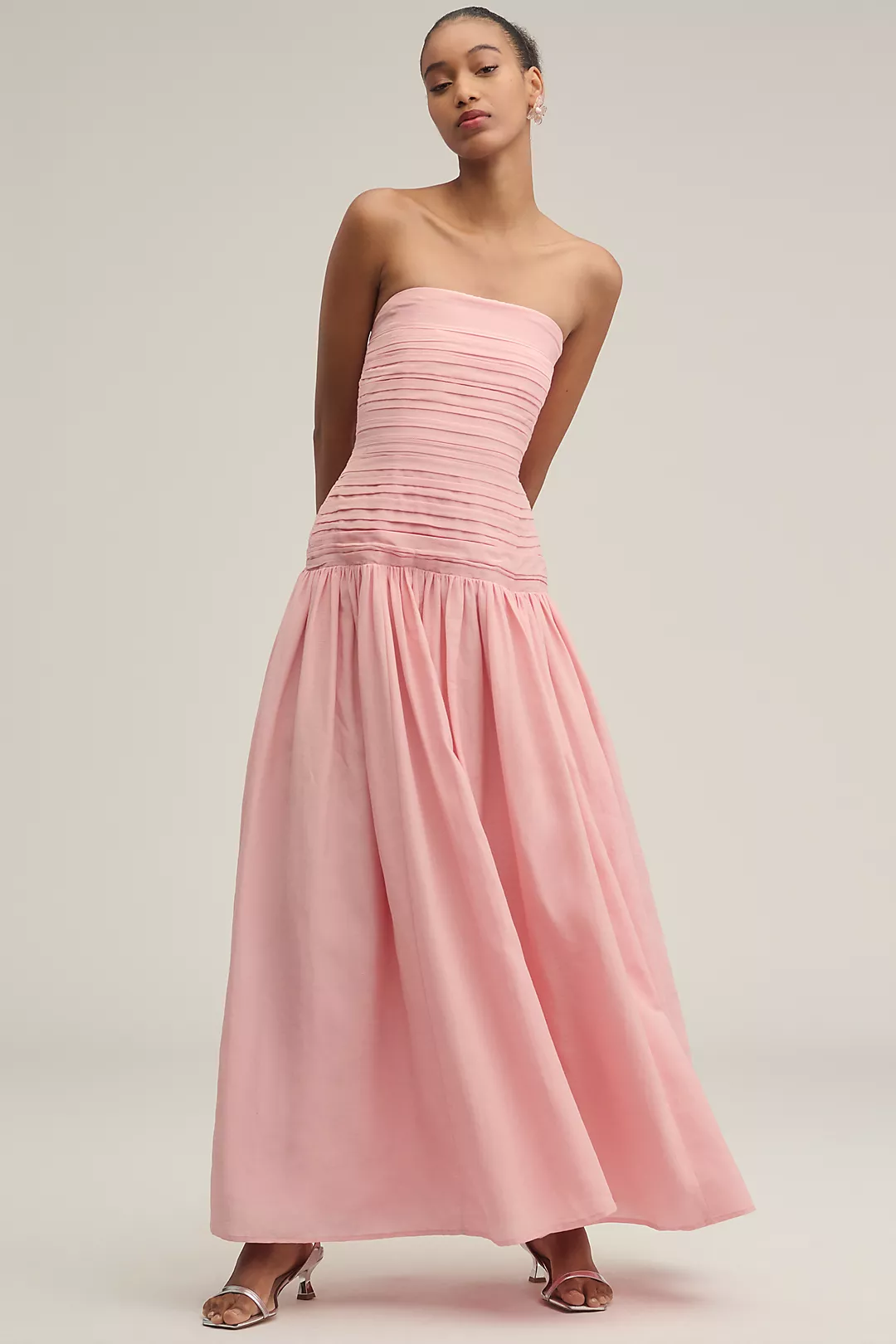 Lovaan Nancy Strapless Linen-Silk Drop-Waist Maxi Dress