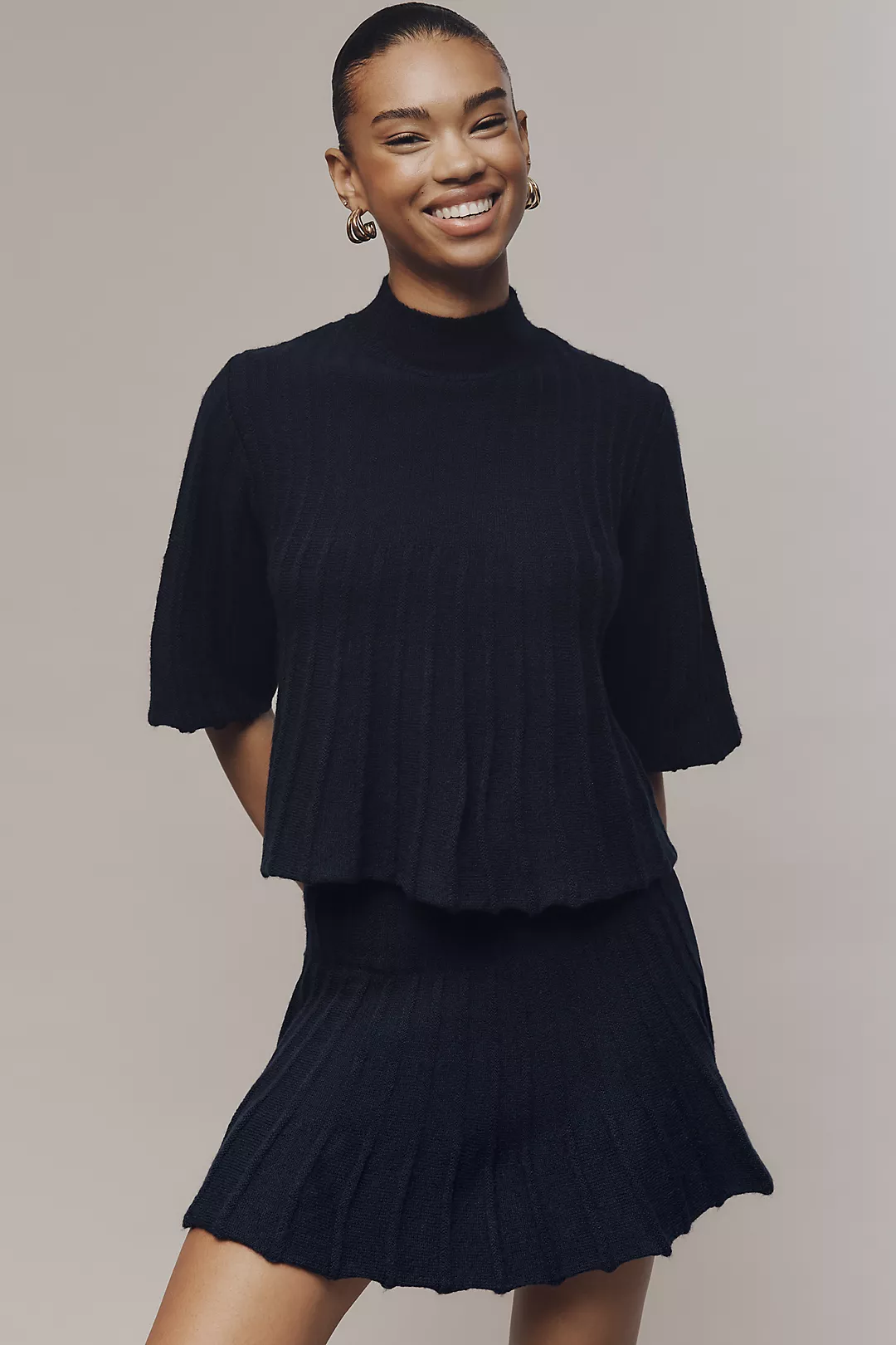 Maeve Short-Sleeve Mock-Neck Swing Sweater