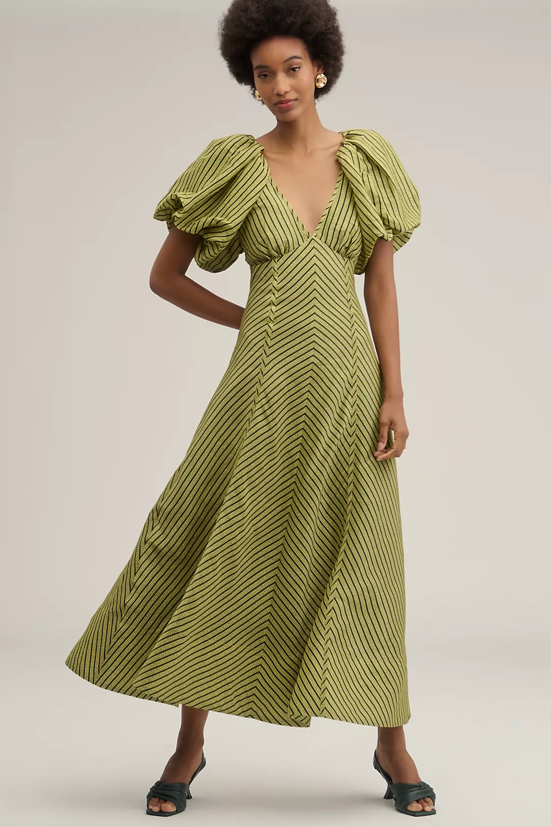 Lovaan Tess Linen Silk Puff-Sleeve Dress