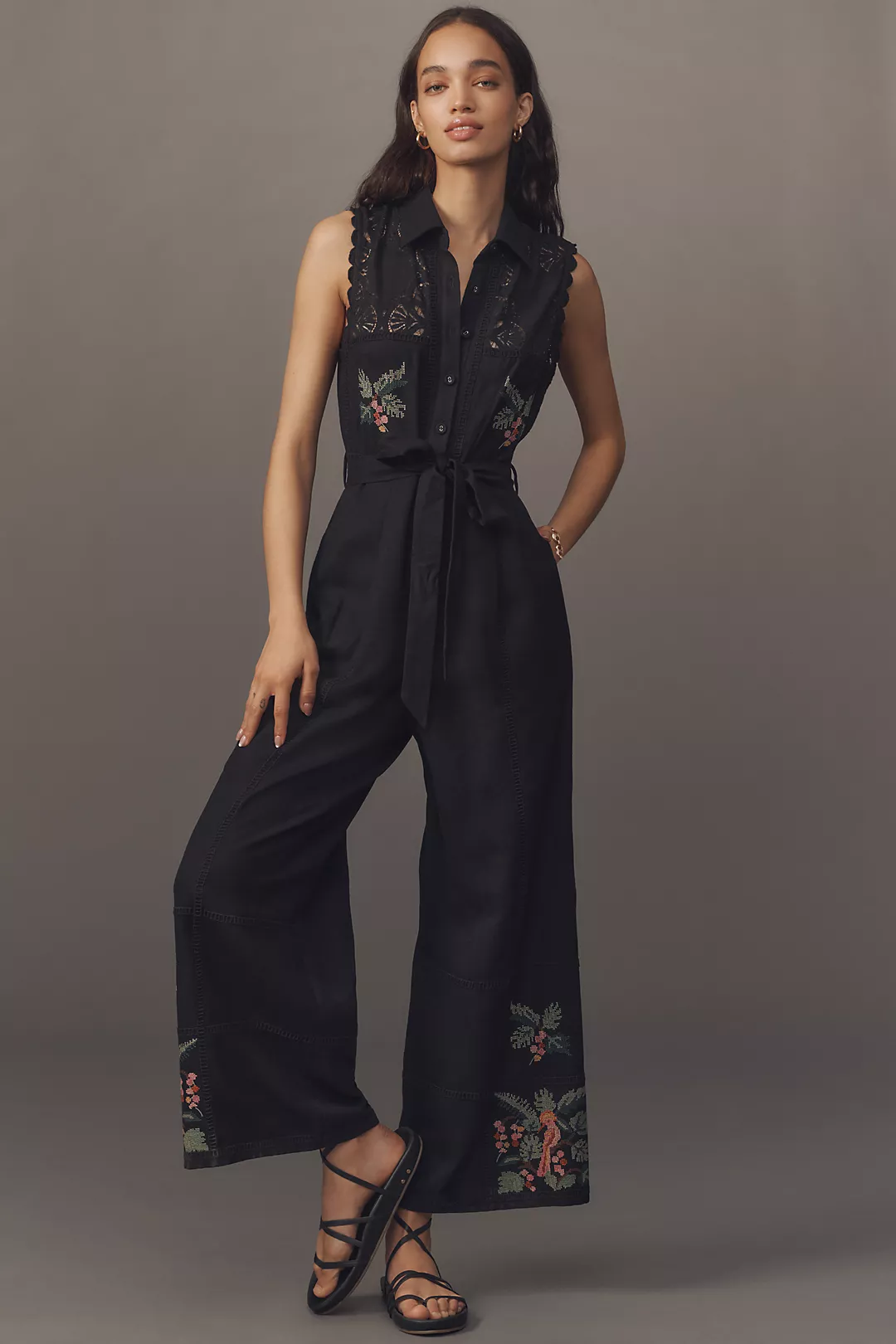 Ranna Gill Belted Crochet Jumpsuit
