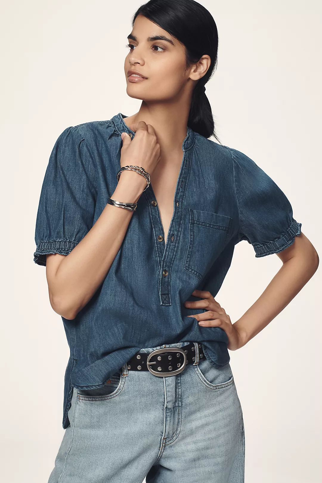 The Aly Denim Puff-Sleeve Blouse by Pilcro