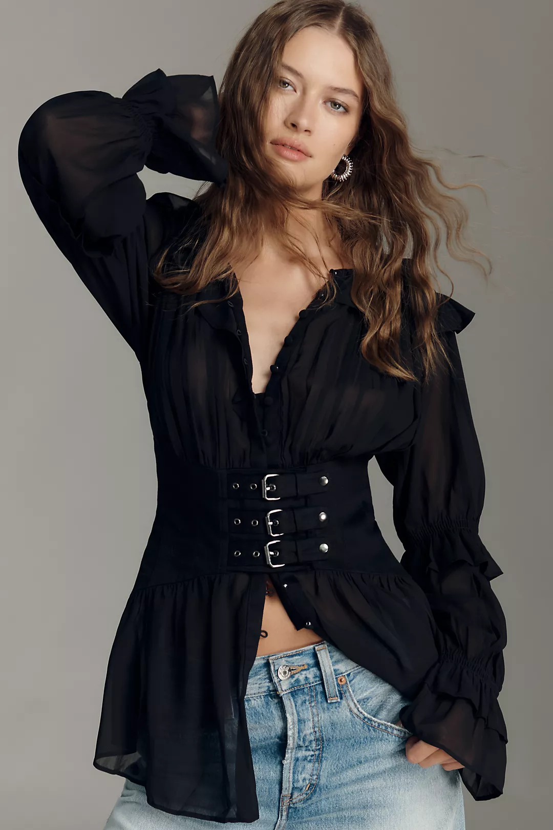 By Anthropologie Long-Sleeve Sheer Corset Blouse