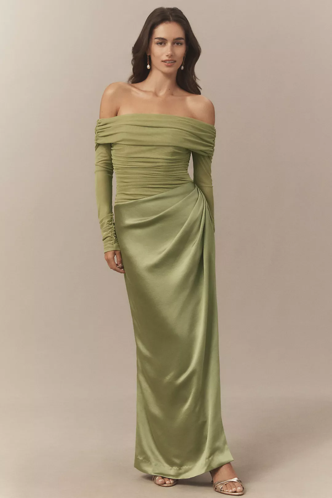 BHLDN Off-Shoulder Long-Sleeve Stretch Mesh Midi Dress