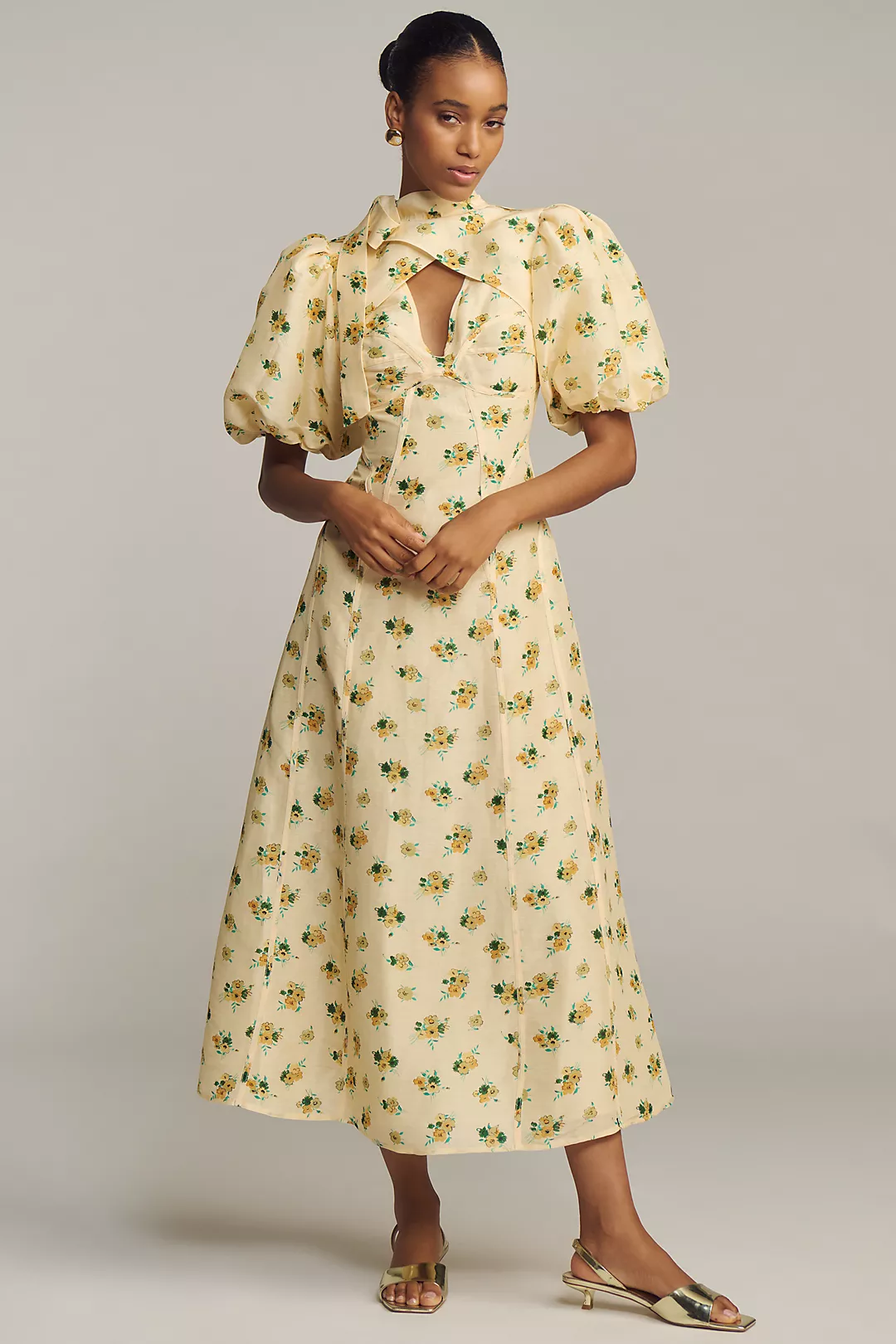 Lovaan Hollie Linen Silk Puff-Sleeve Dress