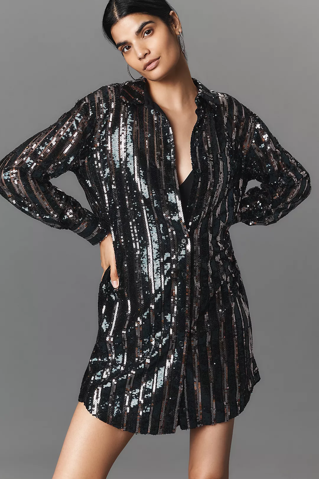The Soren Sequin Mini Shirt Dress by Maeve