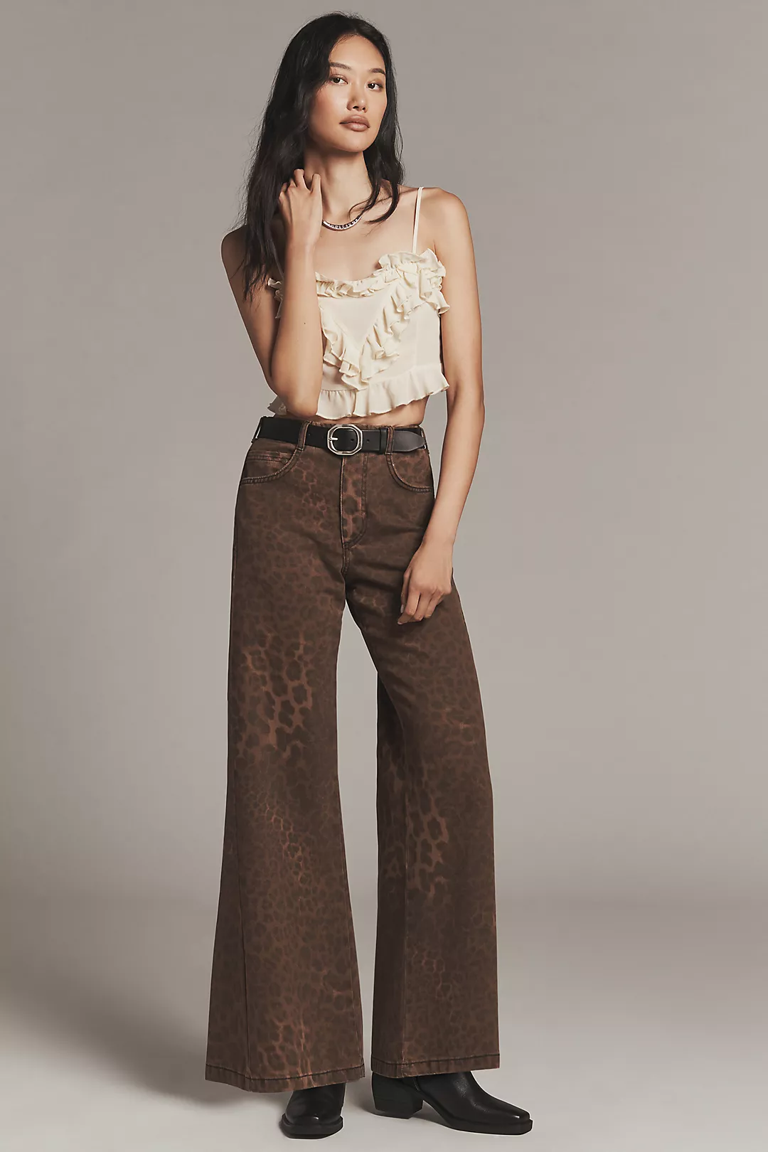 The Adi Leopard Mid-Rise Flare Jeans by Pilcro