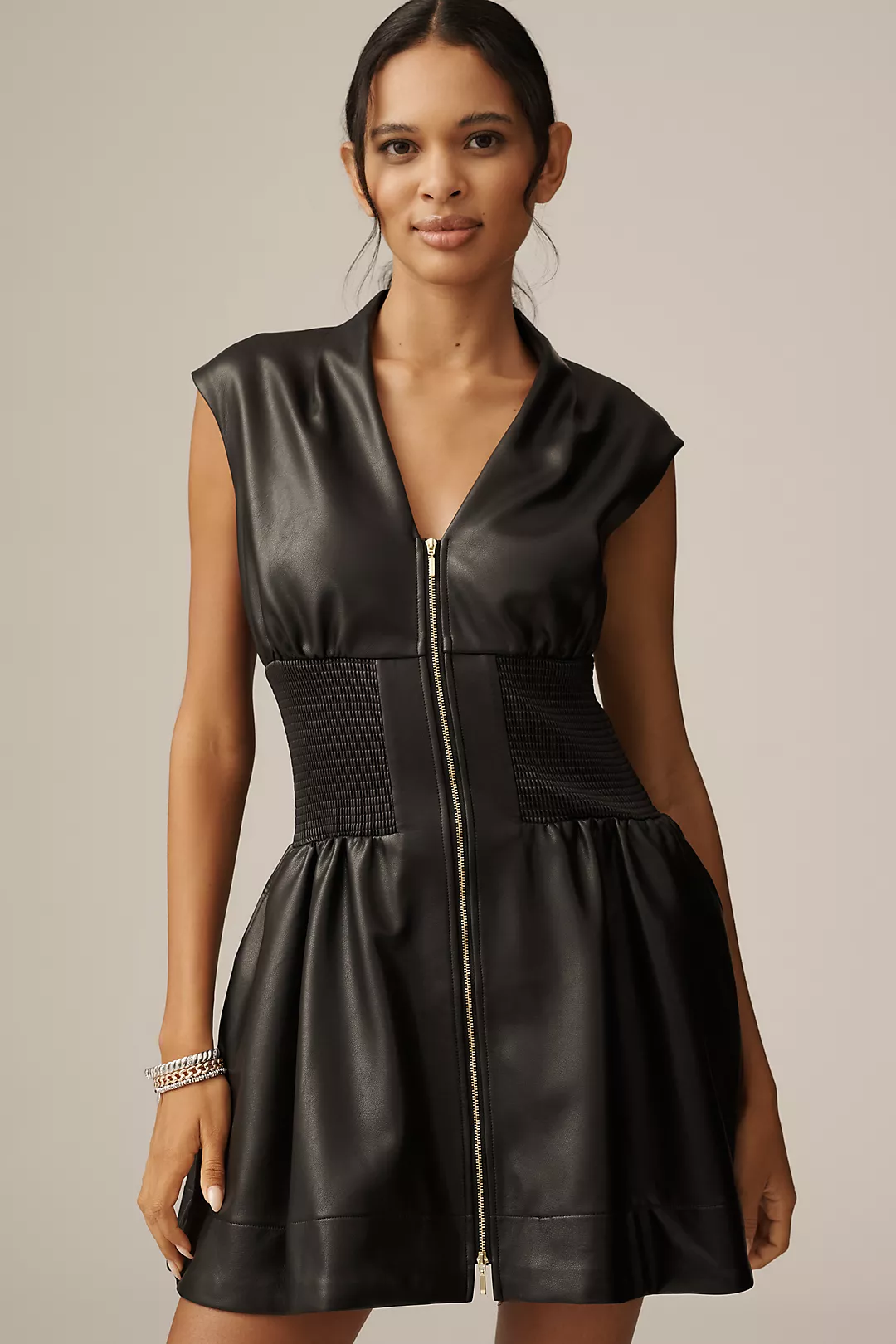 The Tommie Faux-Leather Front-Zip Mini Shirt Dress