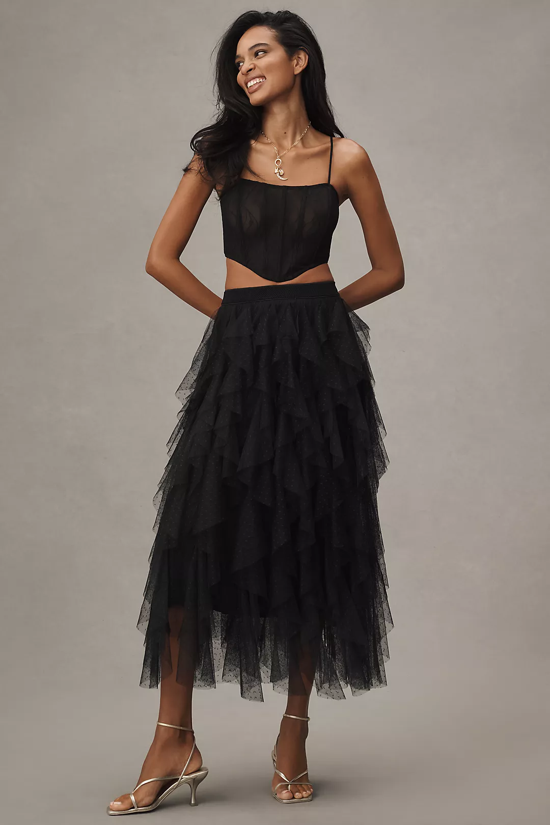The Chéri Ruffled Tulle Midi Skirt by Anthropologie
