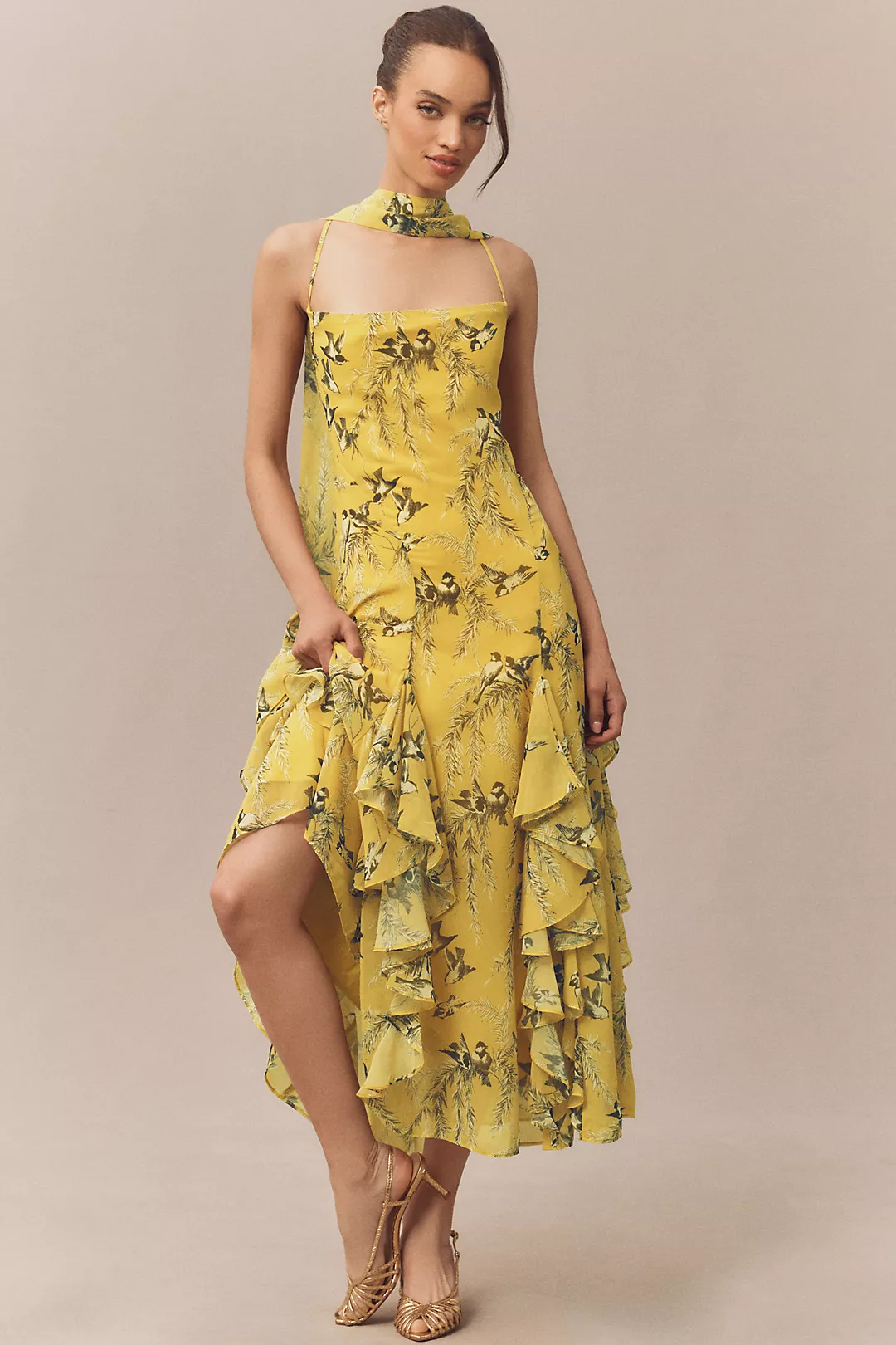 BHLDN Chiffon Cowl-Neck Cross-Back Ruffle Midi Dress