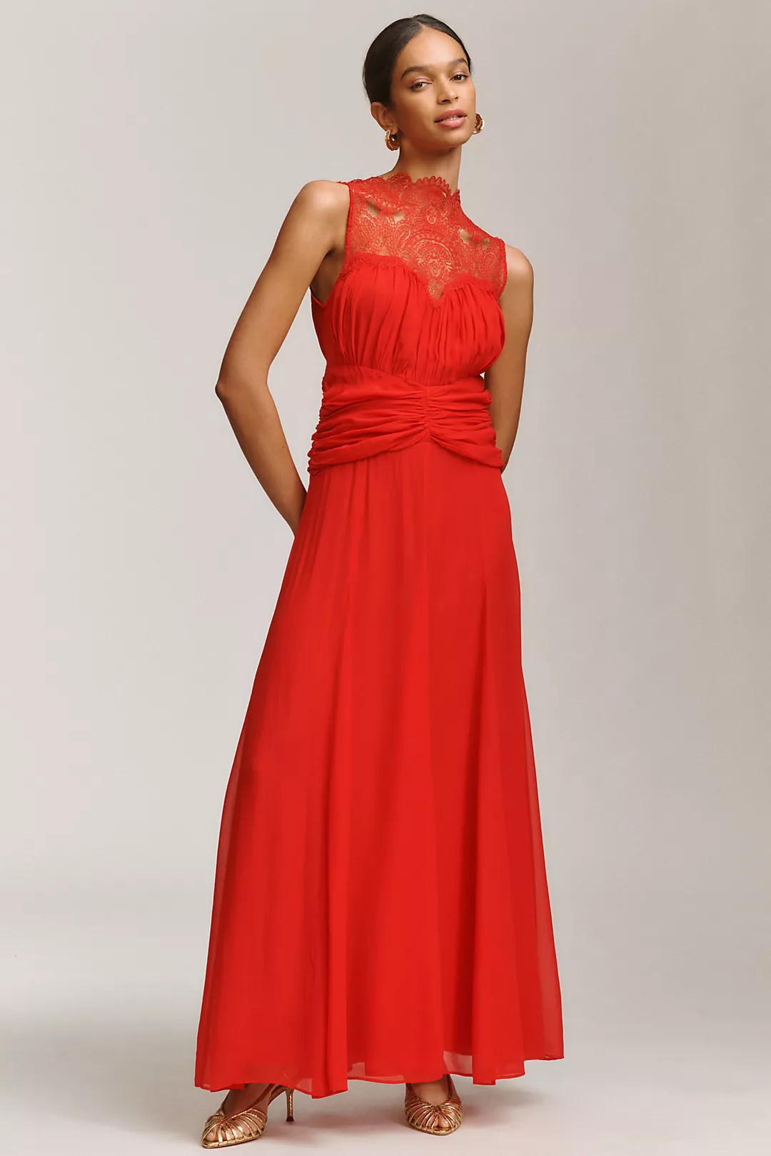 Shona Joy Emory Sleeveless Mock-Neck Lace Gathered Maxi Dress