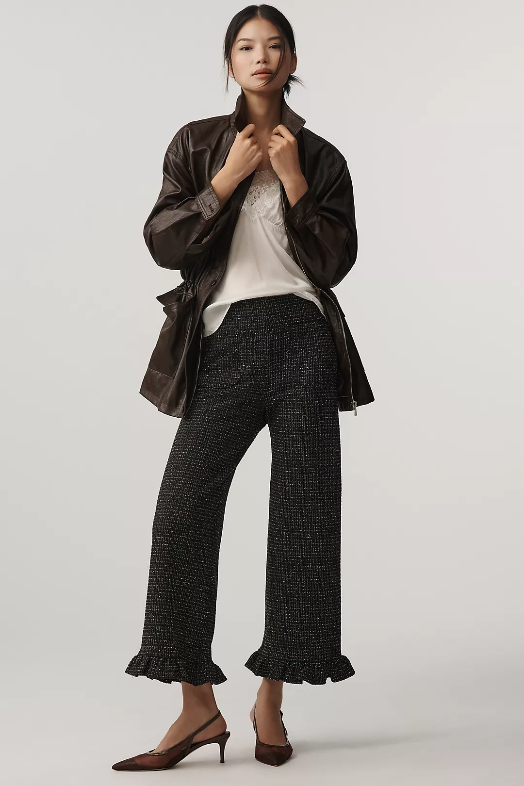 The Colette Crop Tweed Ruffle-Hem Pants by Maeve