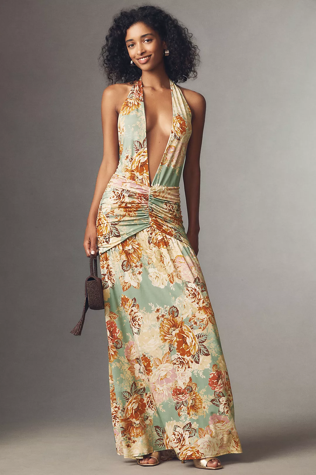 AFRM Cadiz Halter Plunge-Neck Stretch Slinky Knit Maxi Dress