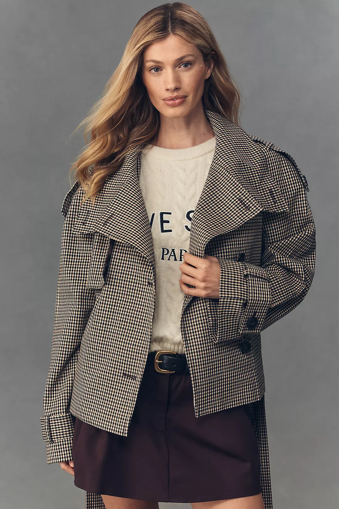 By Anthropologie Crop Plaid Trench Coat