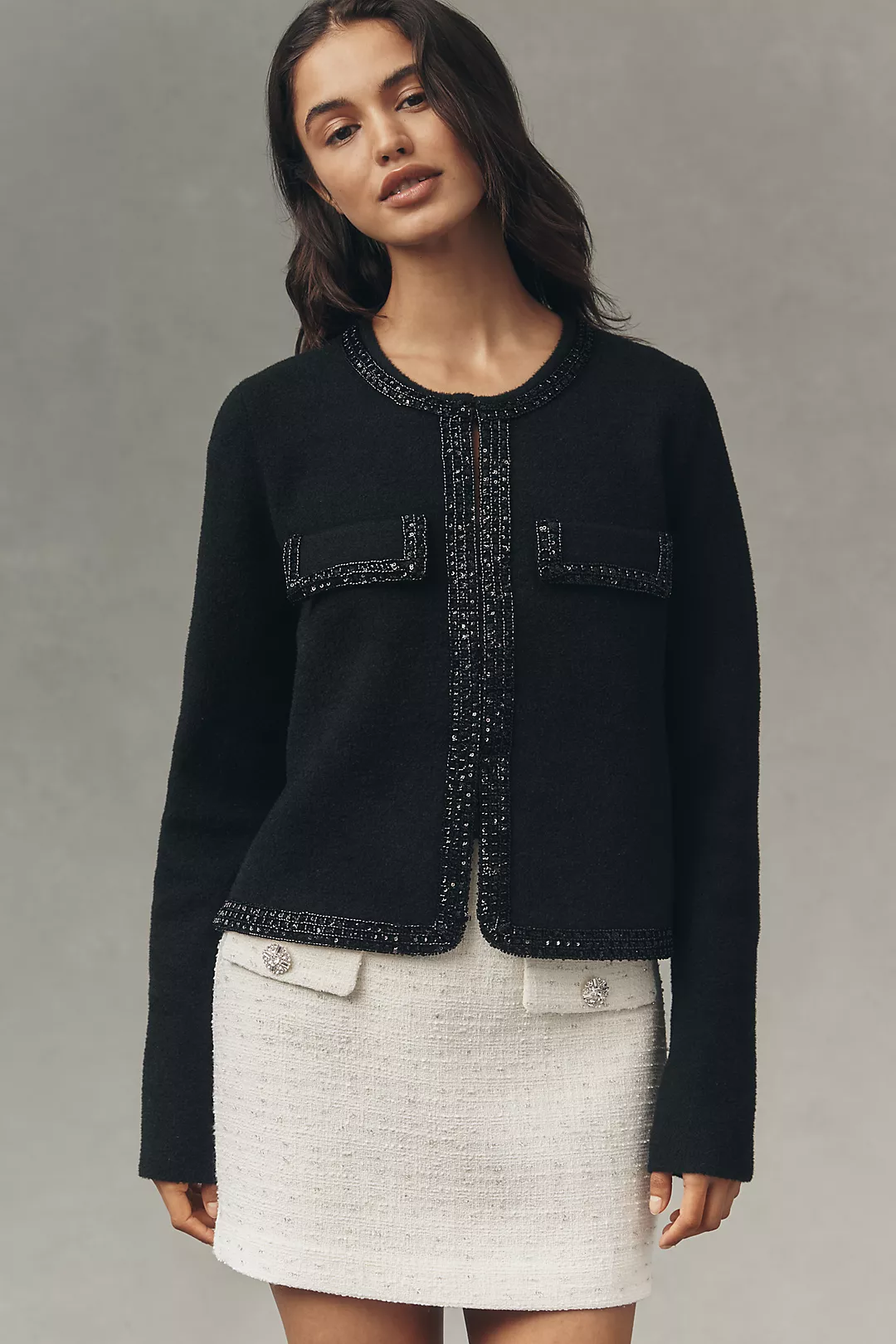 NVLT Crystal-Embellished Trim Knit Lady Jacket