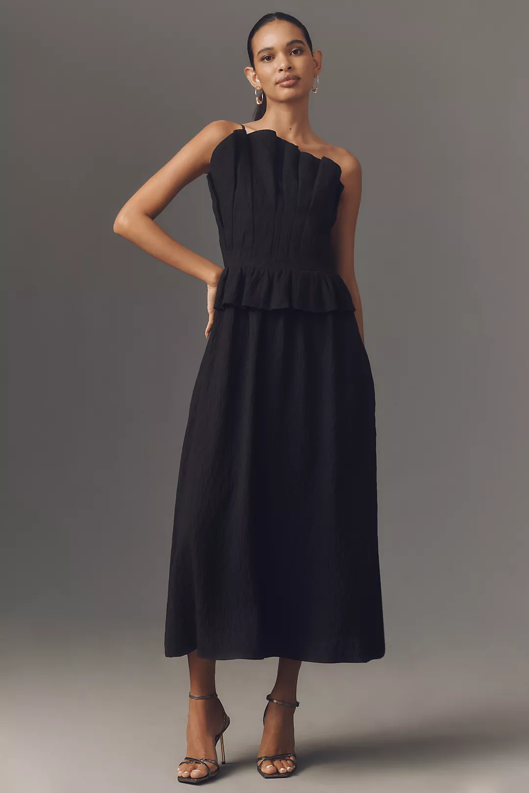 English Factory One-Shoulder Peplum Midi Dress