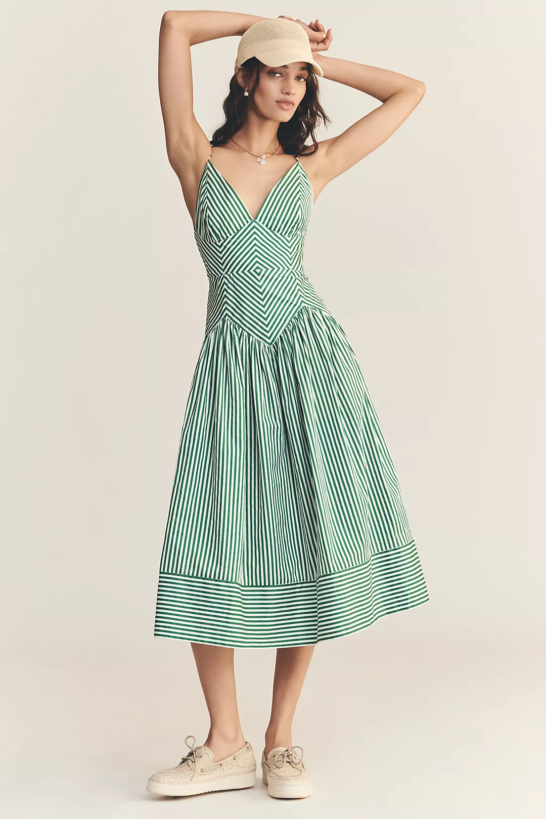 Farm Rio Stripe Cotton Sleeveless V-Neck Drop-Waist Midi Dress