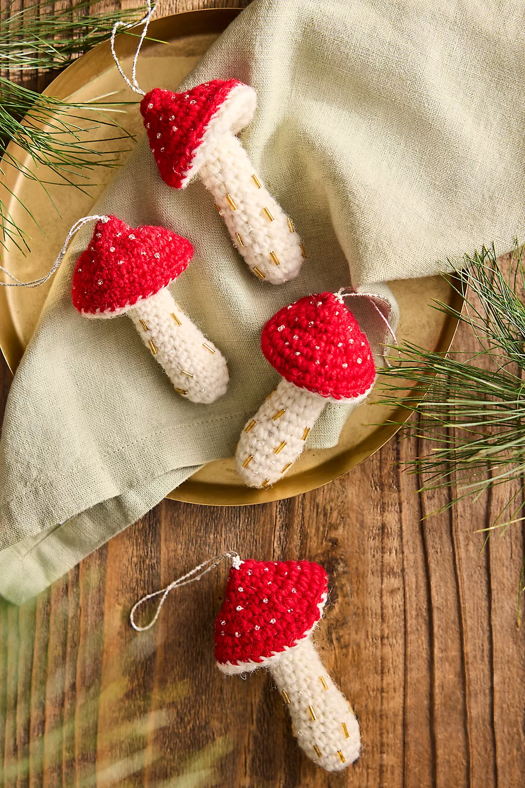 Knit Mushroom Ornaments, Set of 4