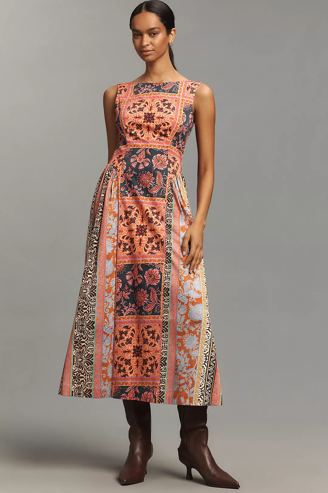 Avec Les Filles Boat-Neck Basque-Waist Midi Dress